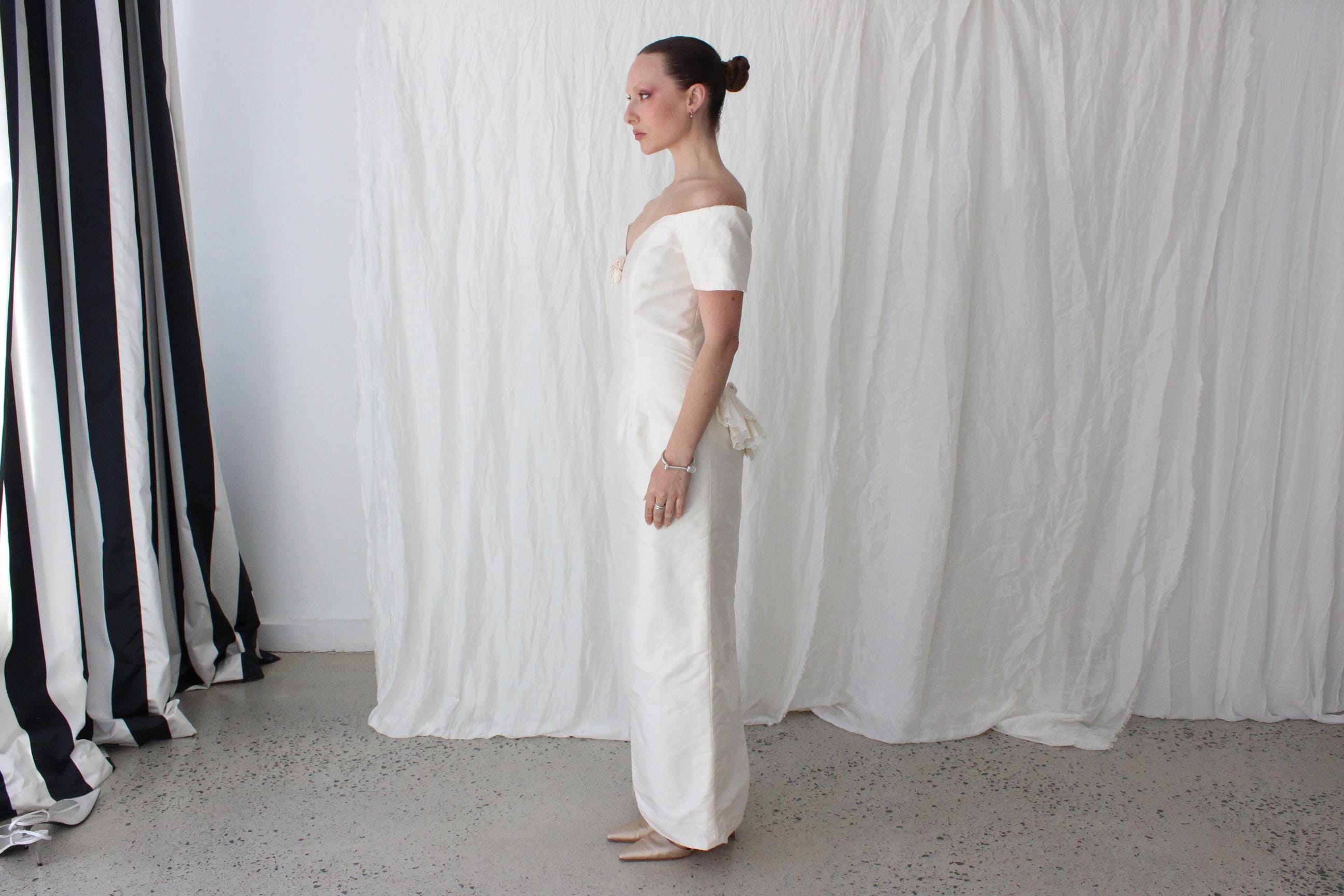 80s Silk Dupion Off Shoulder Column Gown w/ Rosettes