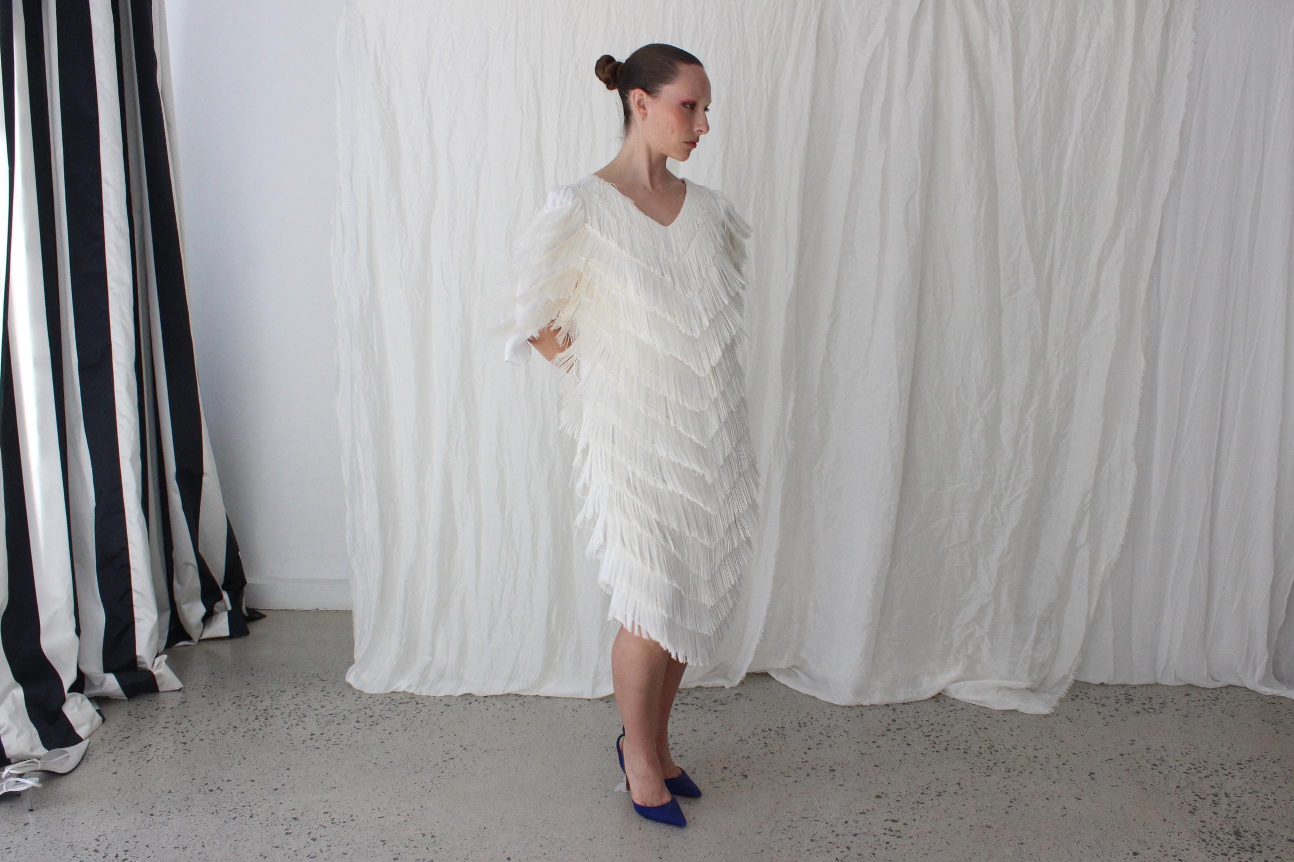 80s Lush Tassel Cha Cha Bridal Cocktail Dress