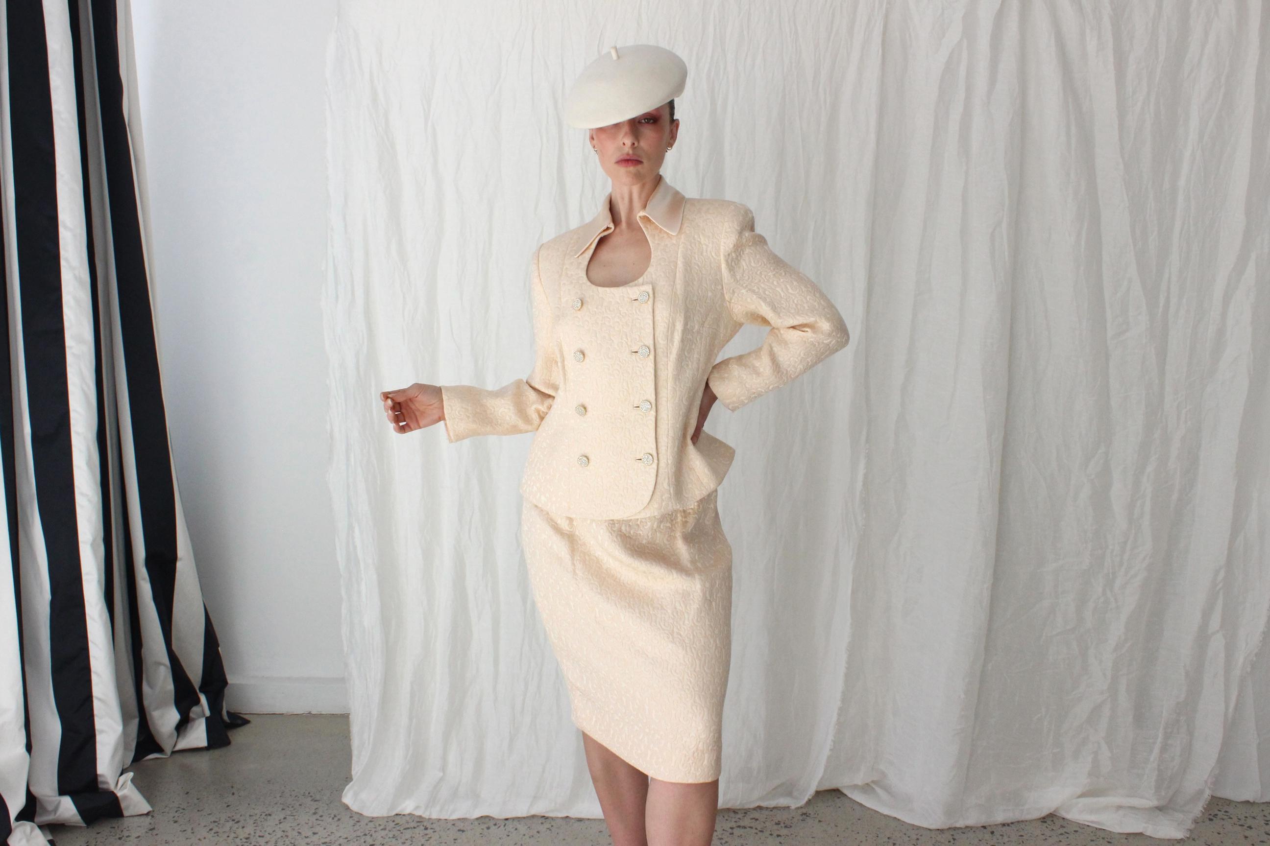 80s Peach Silk & Wool Quilted Two Piece Power Suit
