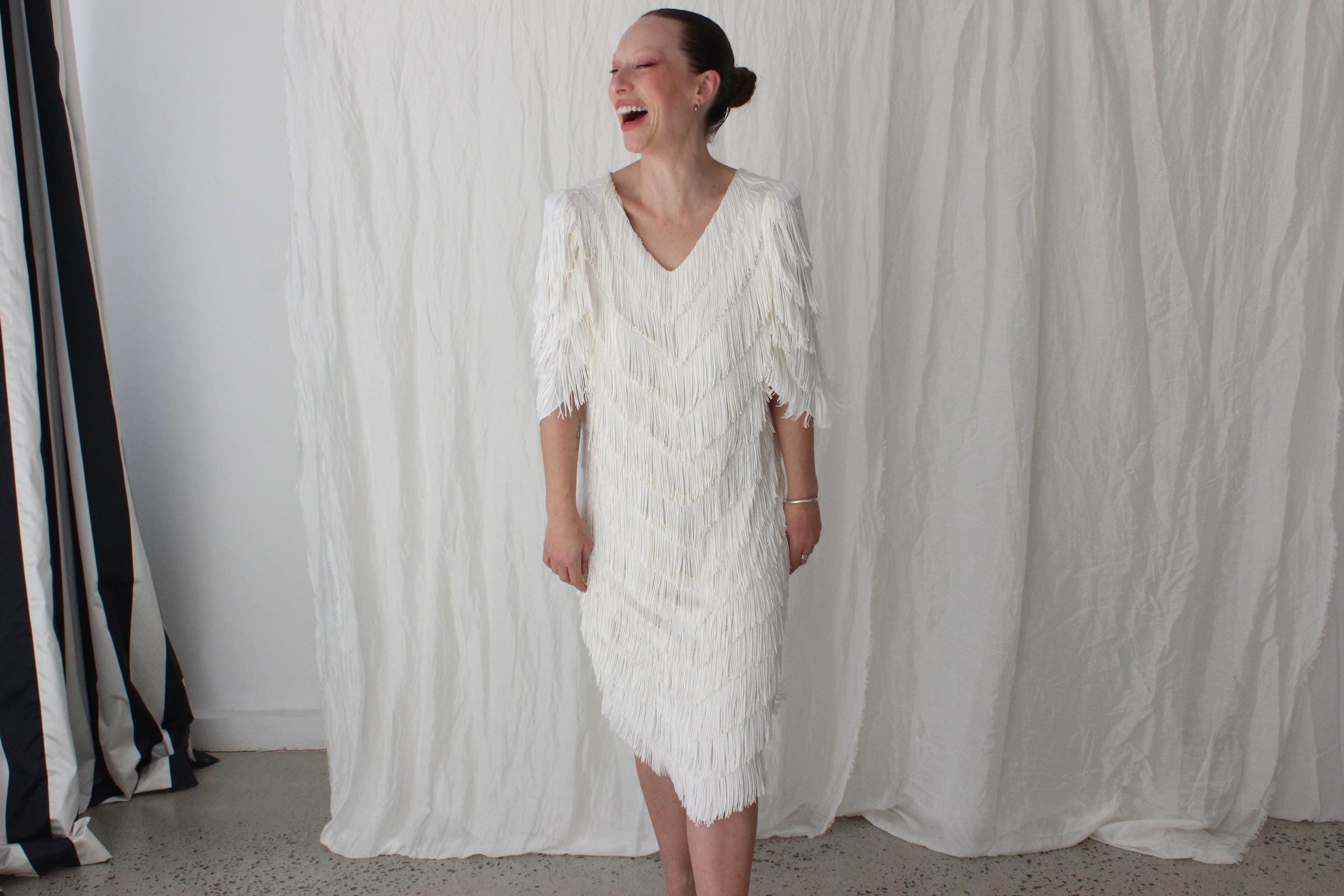 80s Lush Tassel Cha Cha Bridal Cocktail Dress