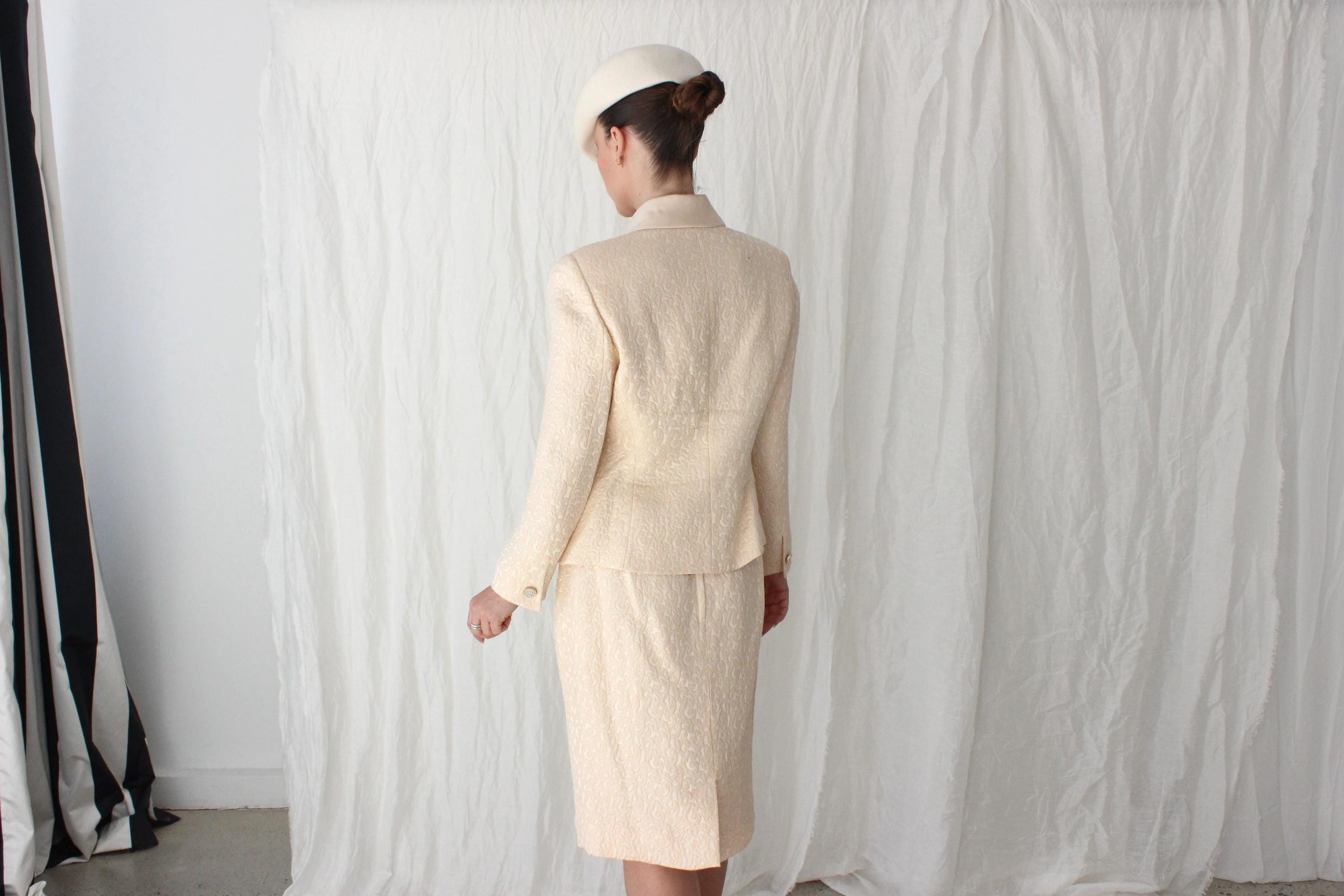 80s Peach Silk & Wool Quilted Two Piece Power Suit
