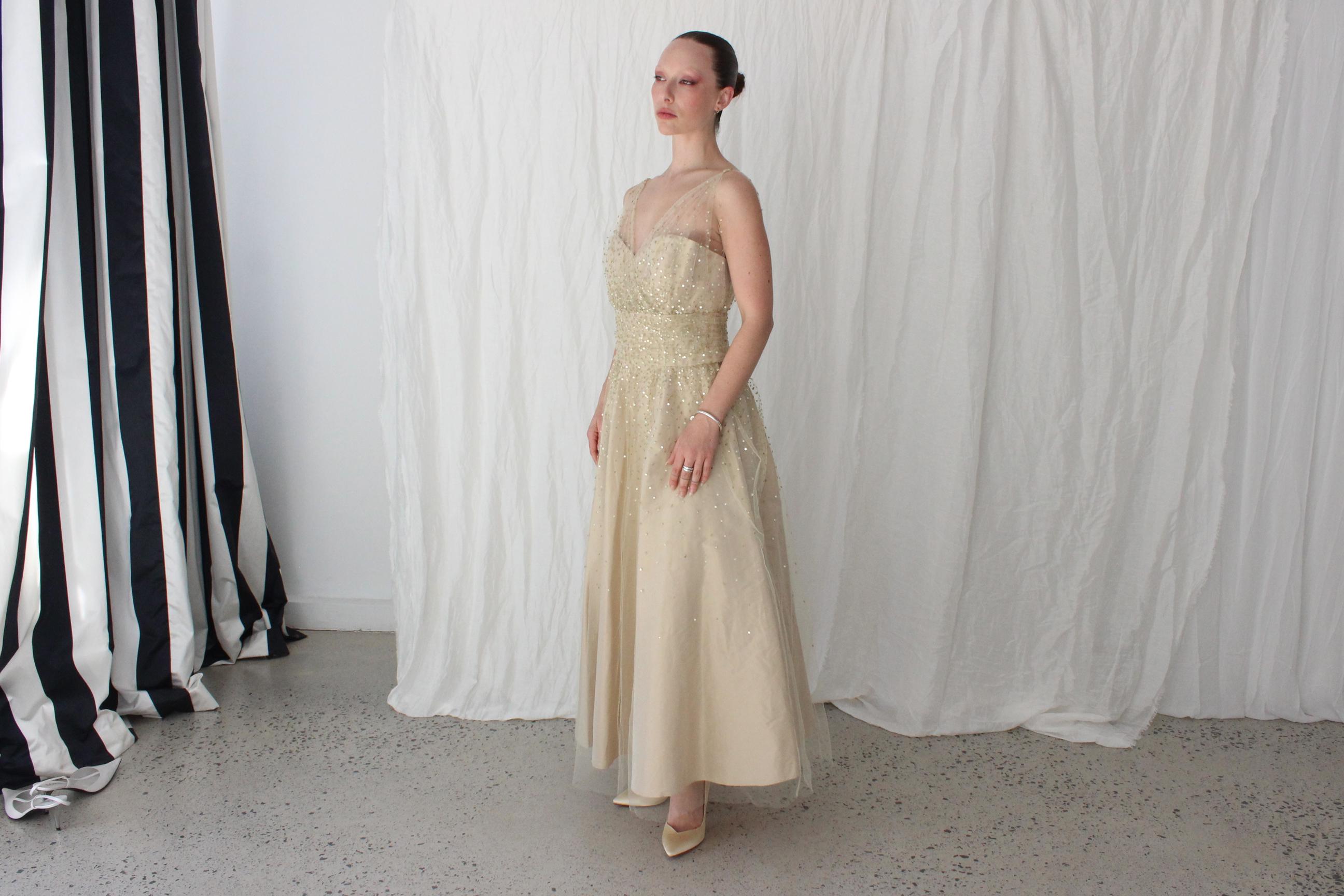 Old Hollywood Glamour Silk Taffeta & Sequin Tulle Cocktail Gown by Roland Nivelais