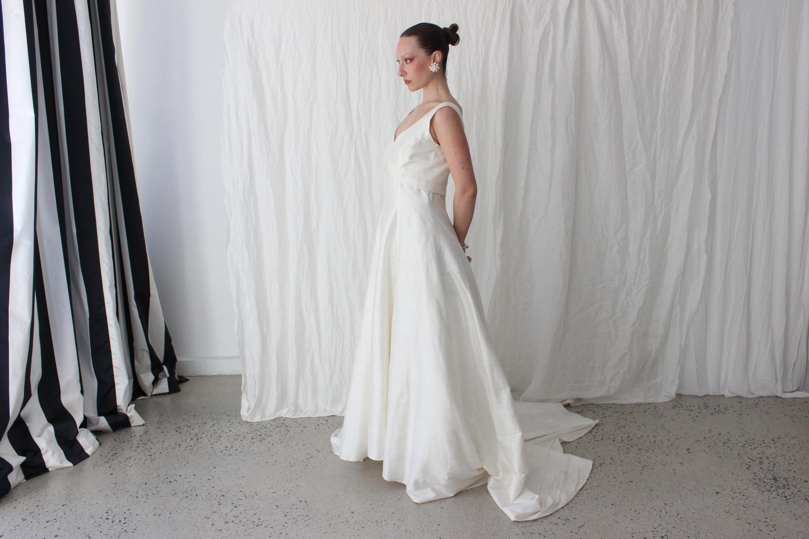 90s British Vintage Silk Dupion Empire Waist A Line Gown