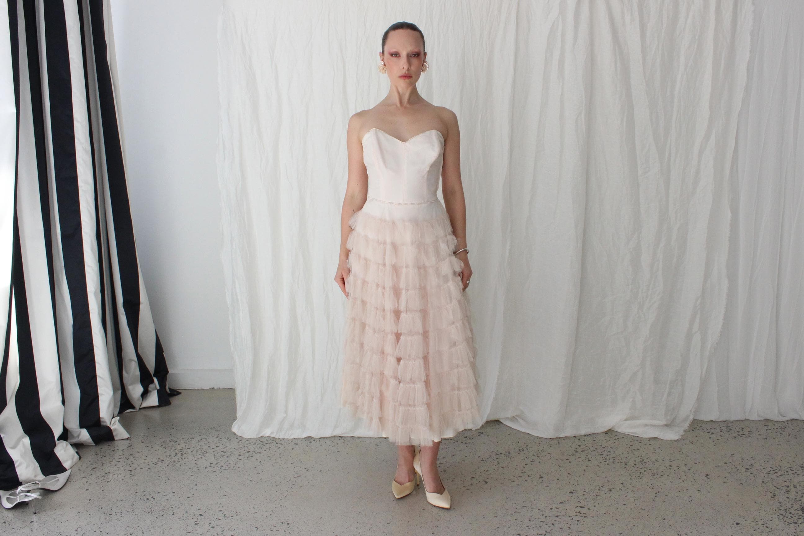 1950s Blush Pink Tiered Tulle Cocktail Dress