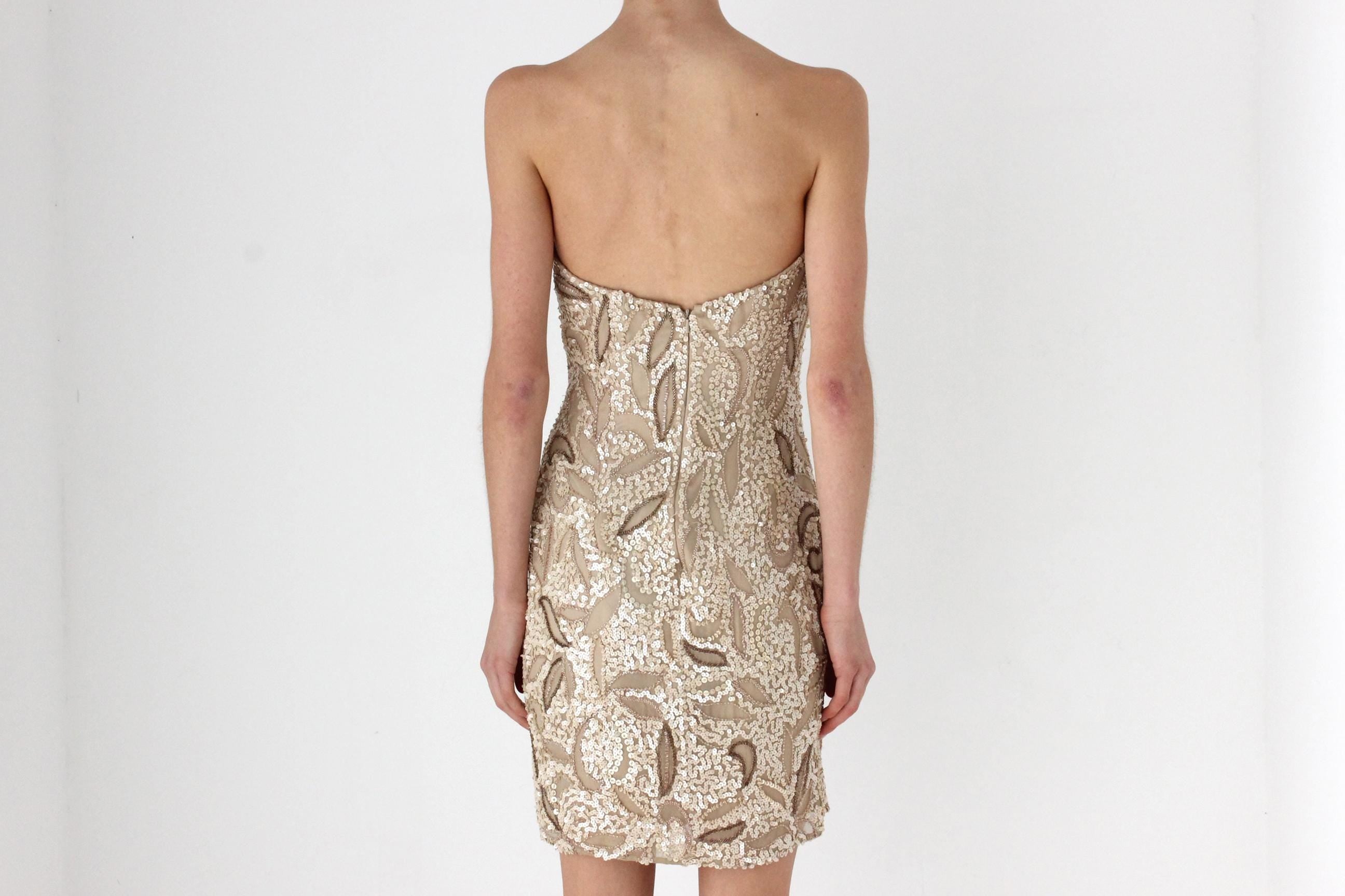 80s Tan / Nude / Golden Sequin & Silk Strapless Mini