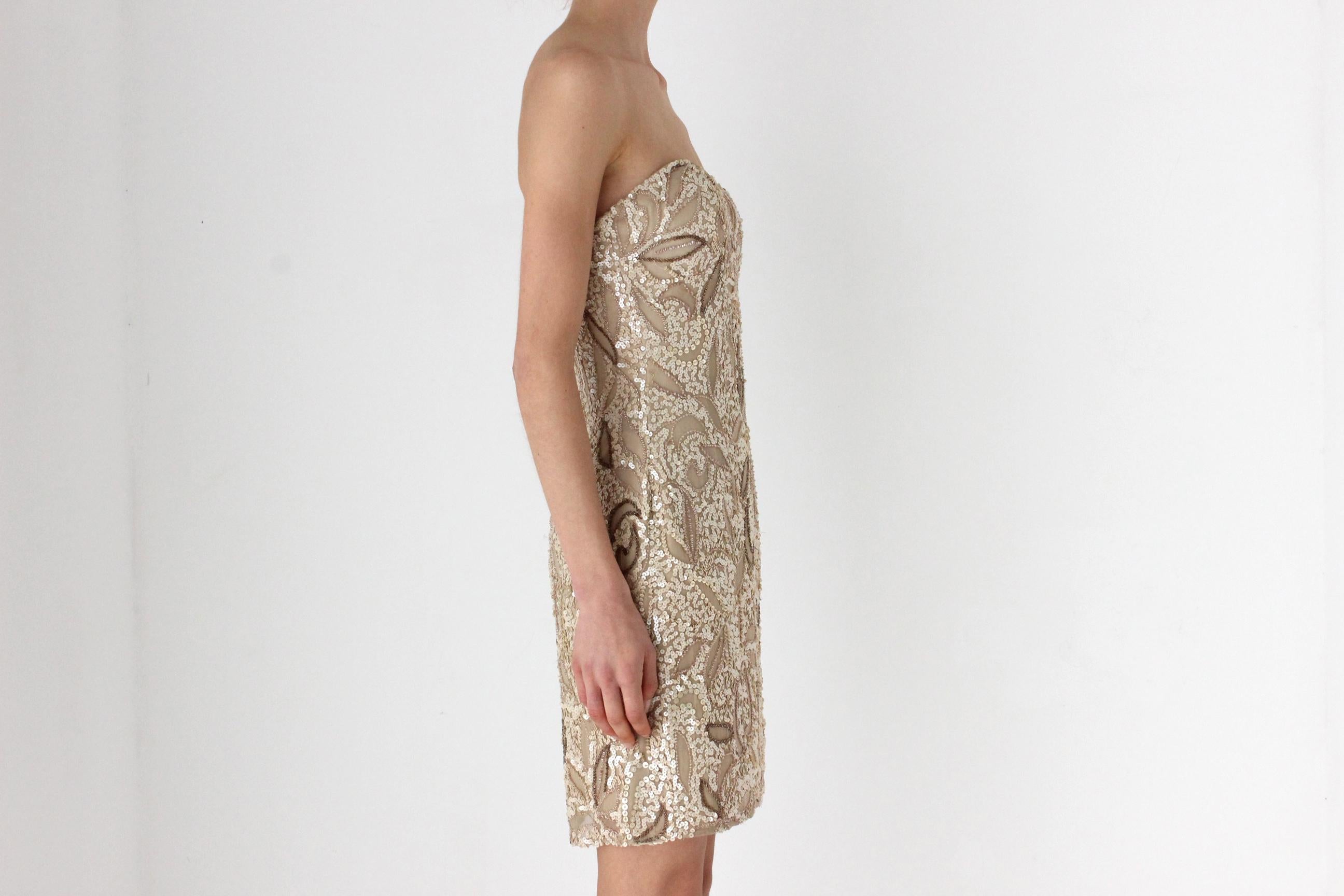 80s Tan / Nude / Golden Sequin & Silk Strapless Mini
