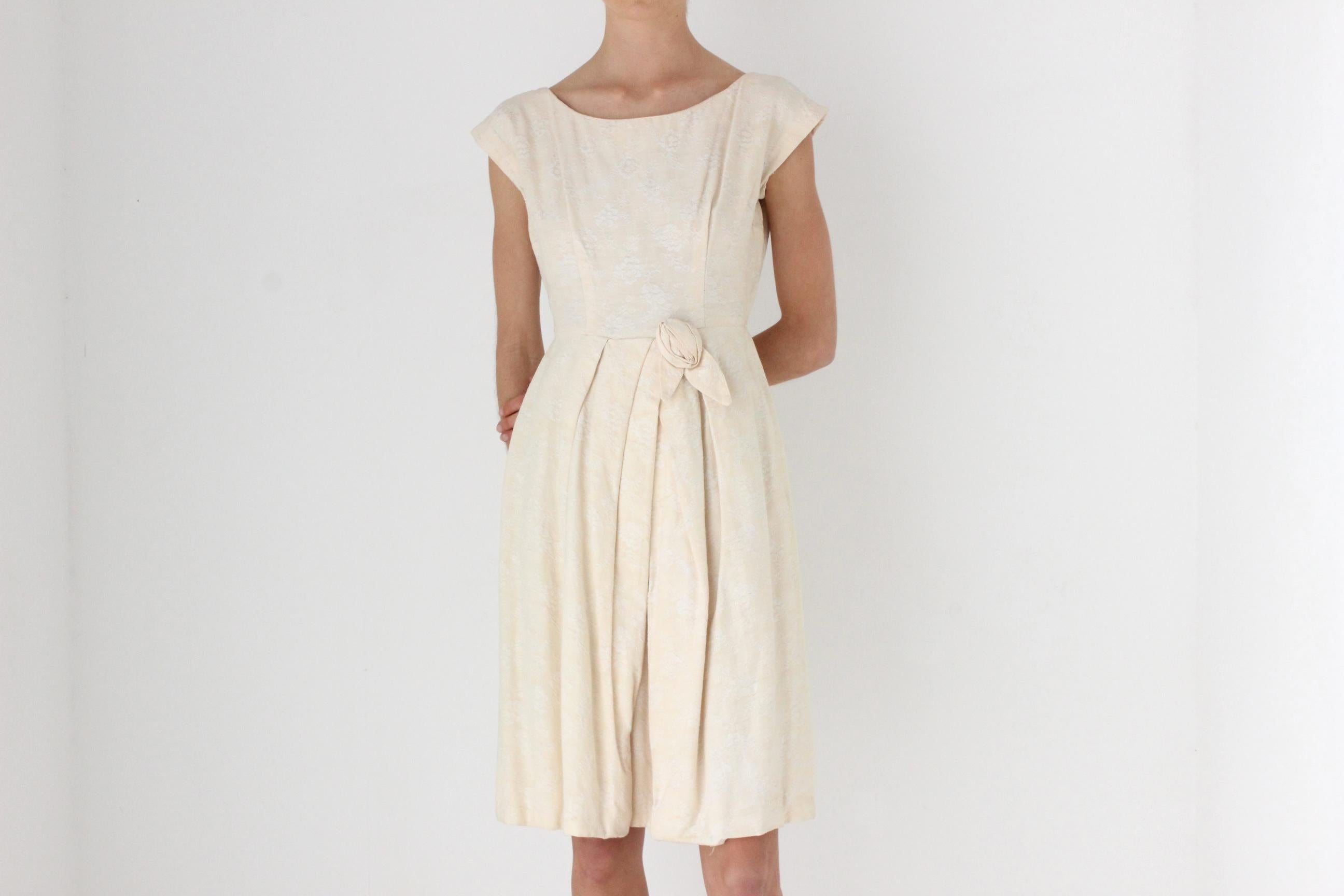 50s Buttercream Embroidered Jacquard Cotton Bubble Skirt Dress