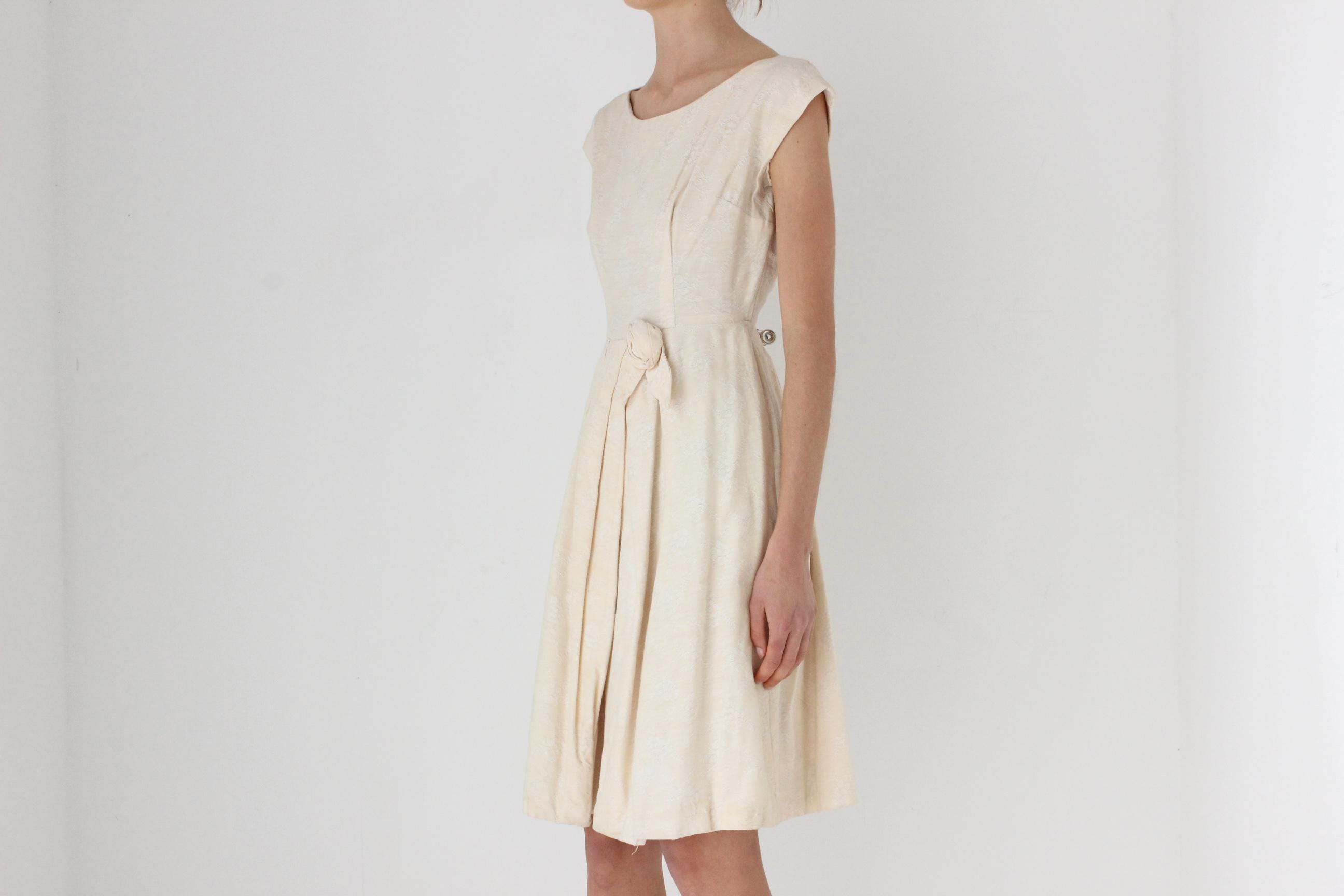 50s Buttercream Embroidered Jacquard Cotton Bubble Skirt Dress