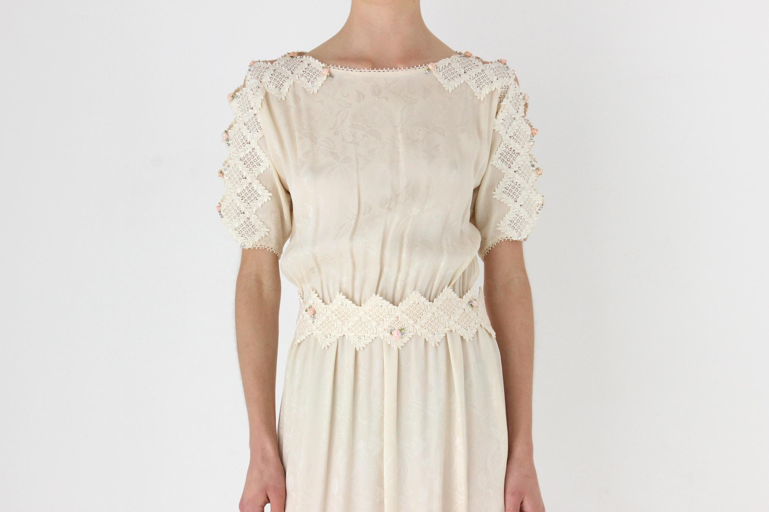 80s Carol Peretz Relaxed Silk Dress w/ Cut Out Lace