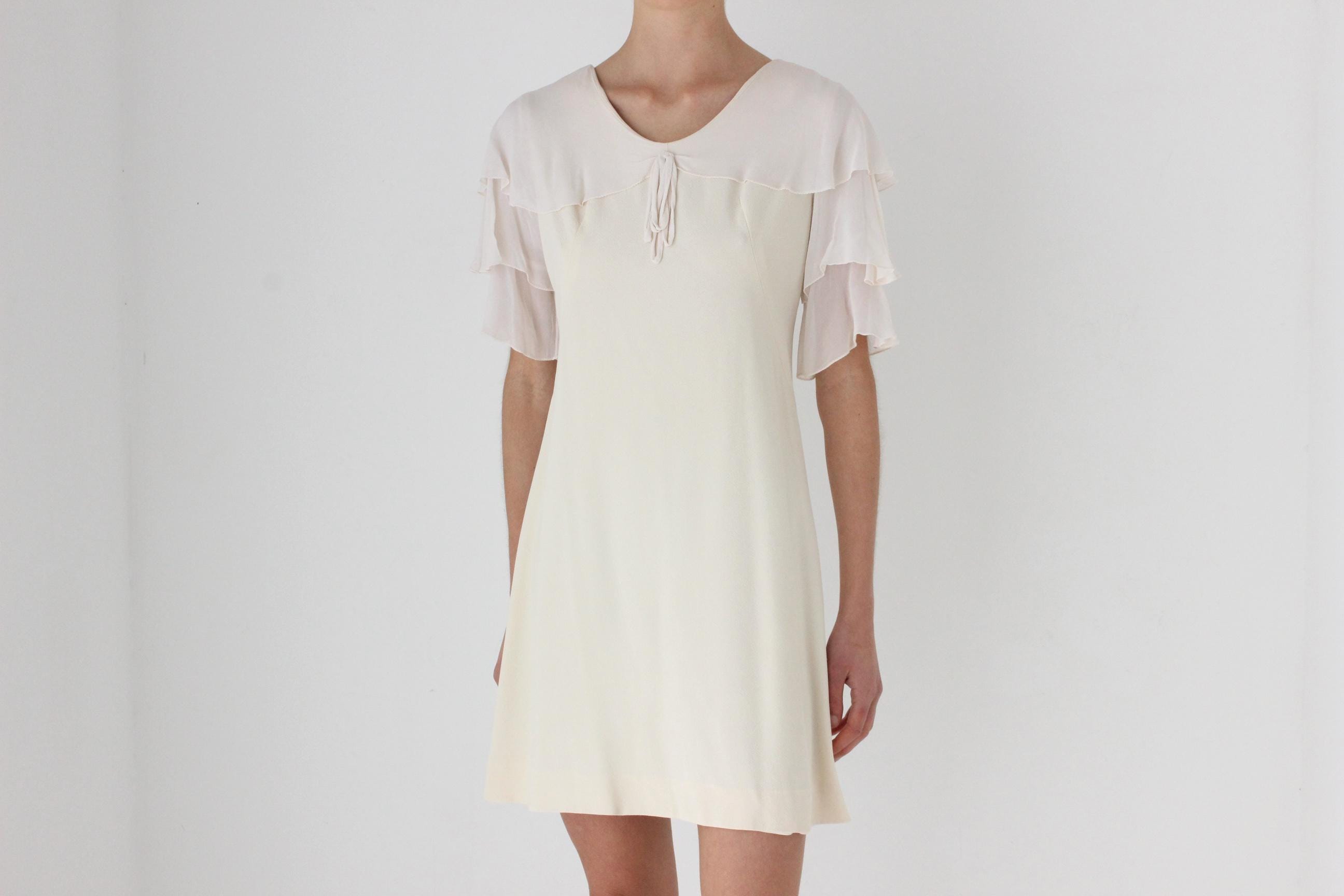 60s Cream Crepe Ruffle Sleeve Mini Wedding Dress