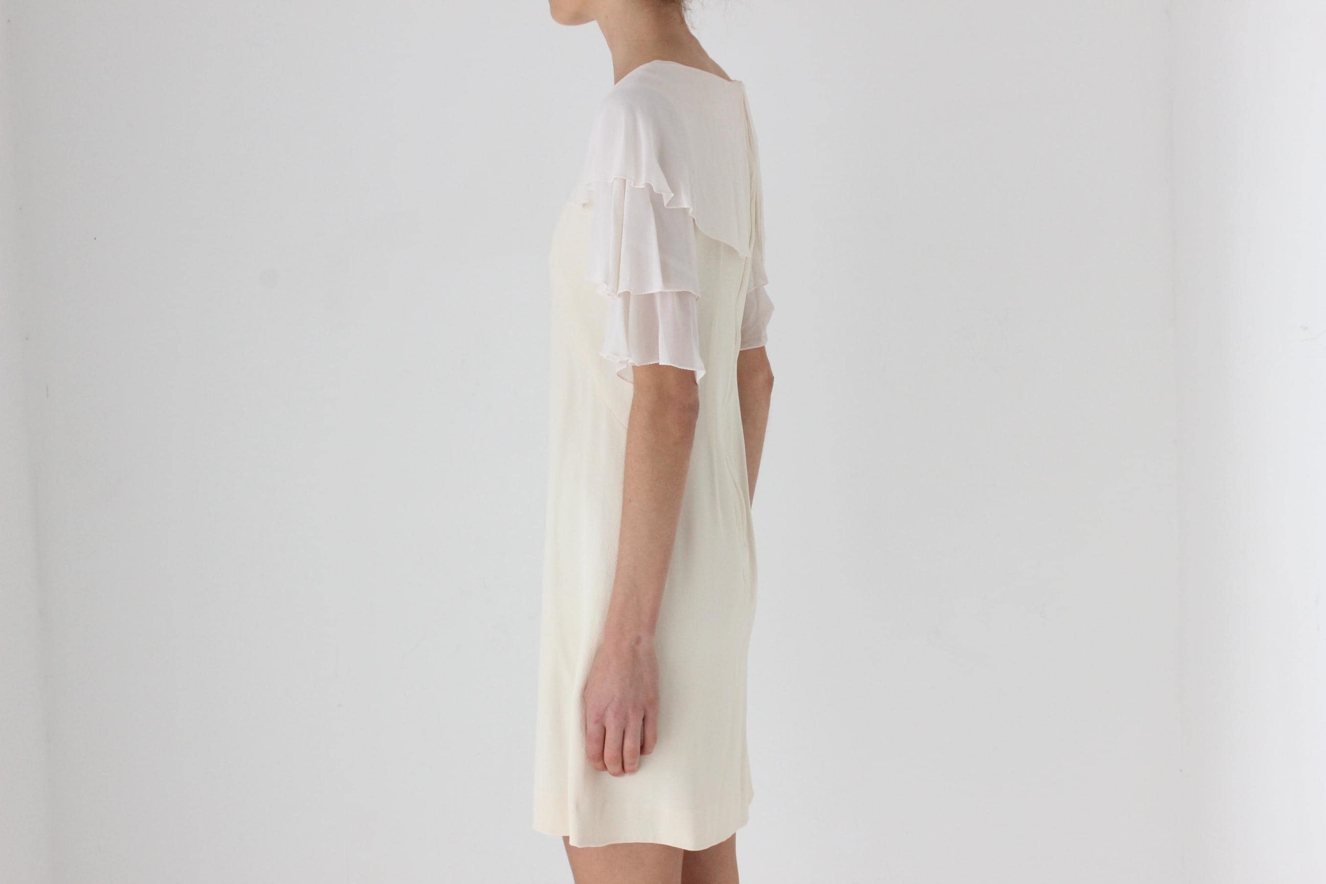 60s Cream Crepe Ruffle Sleeve Mini Wedding Dress