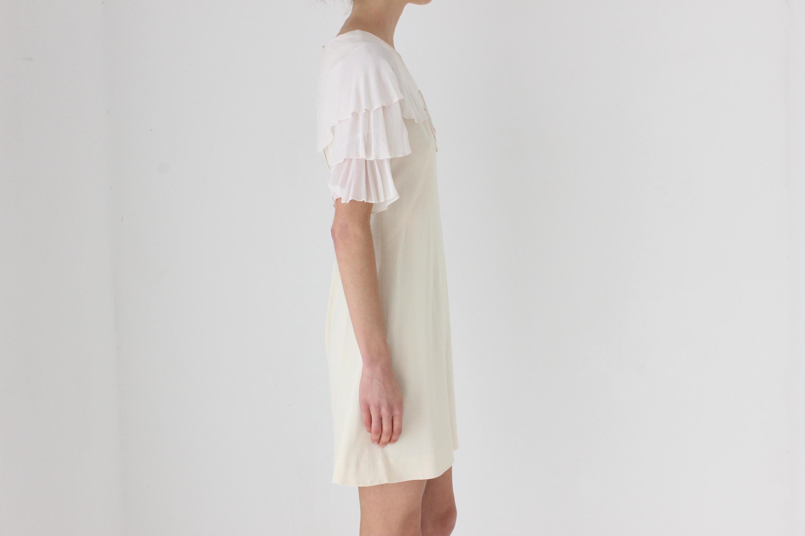 60s Cream Crepe Ruffle Sleeve Mini Wedding Dress