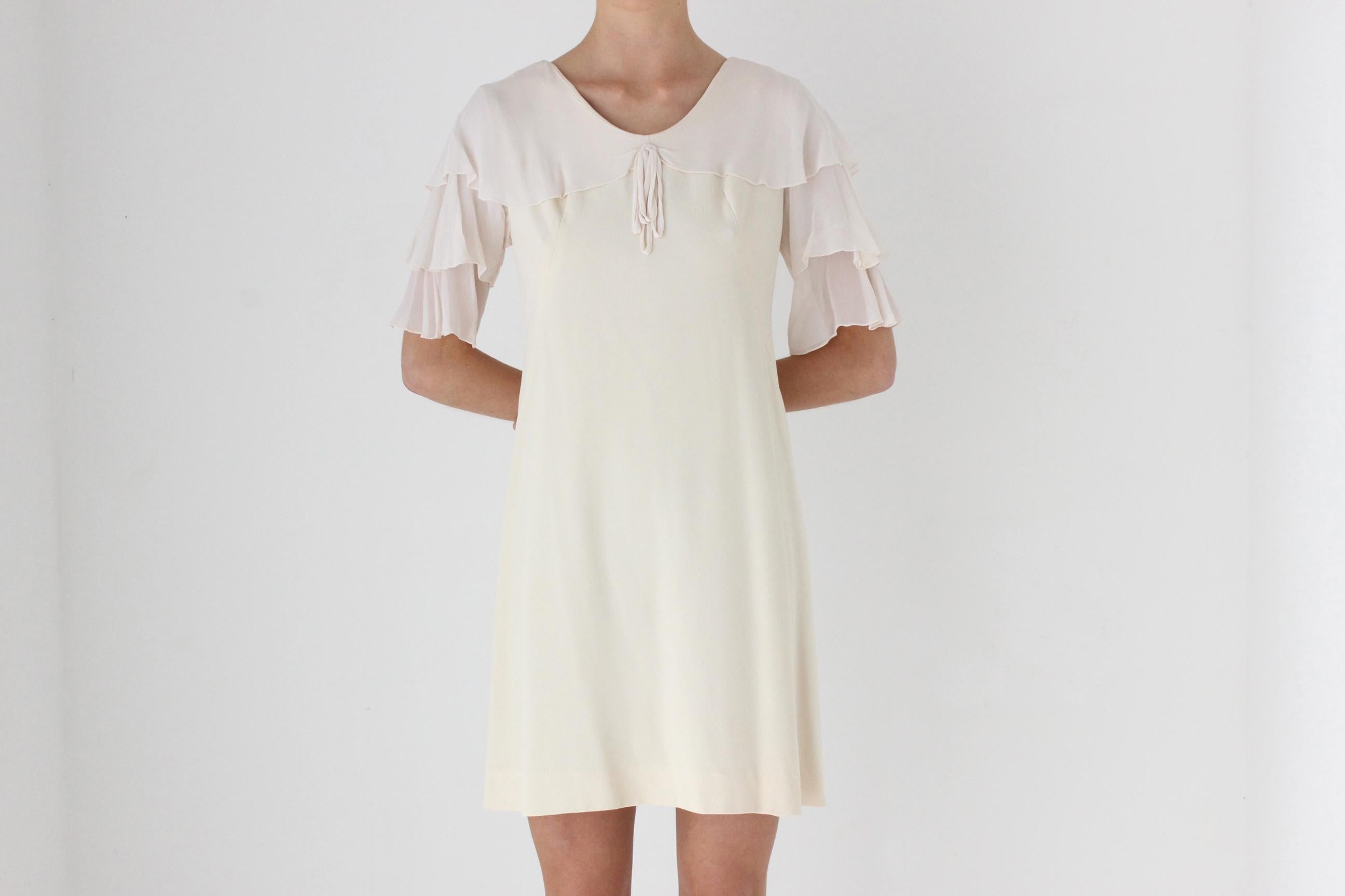 60s Cream Crepe Ruffle Sleeve Mini Wedding Dress