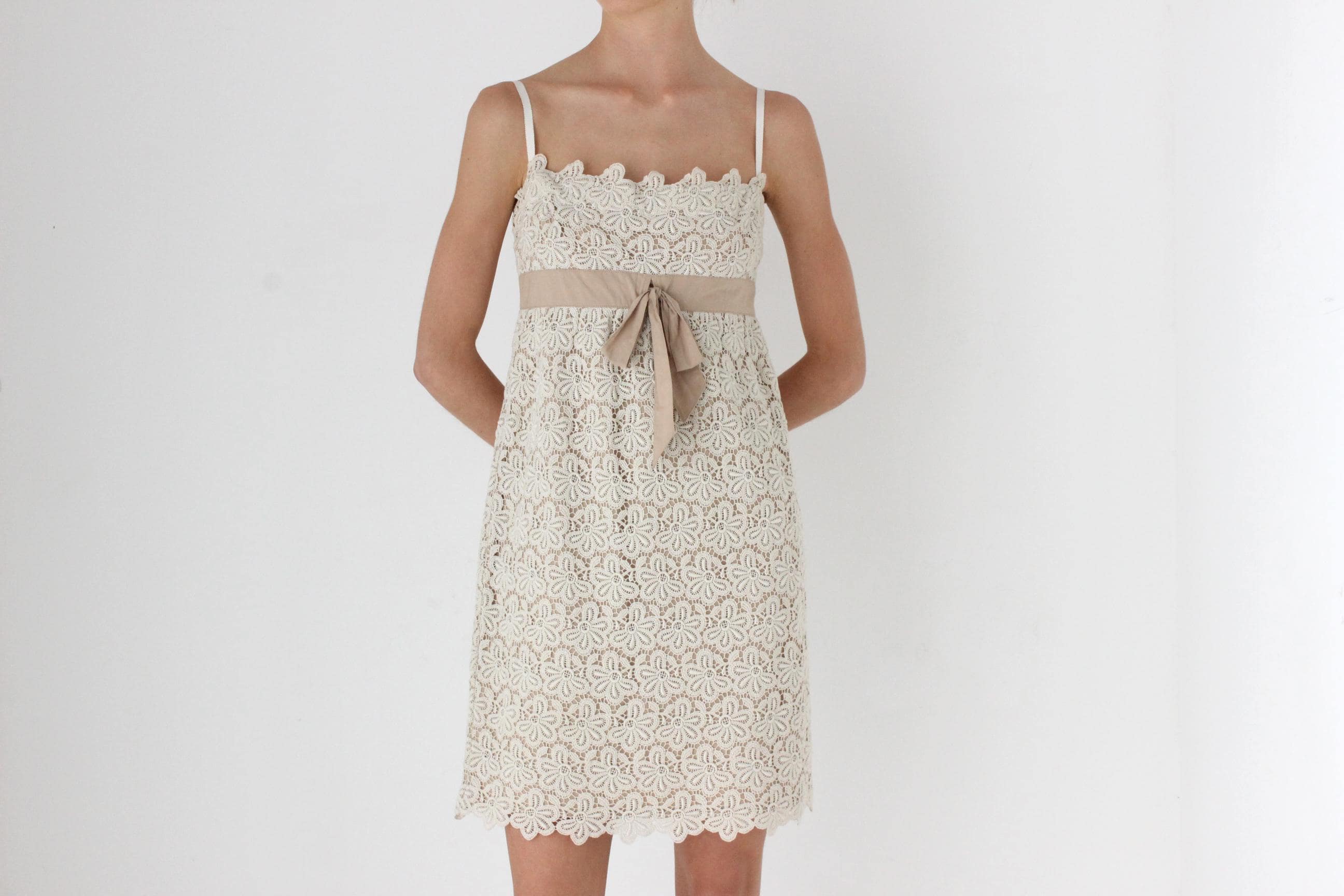 90s Valentino Neutral Cotton Lace Shift