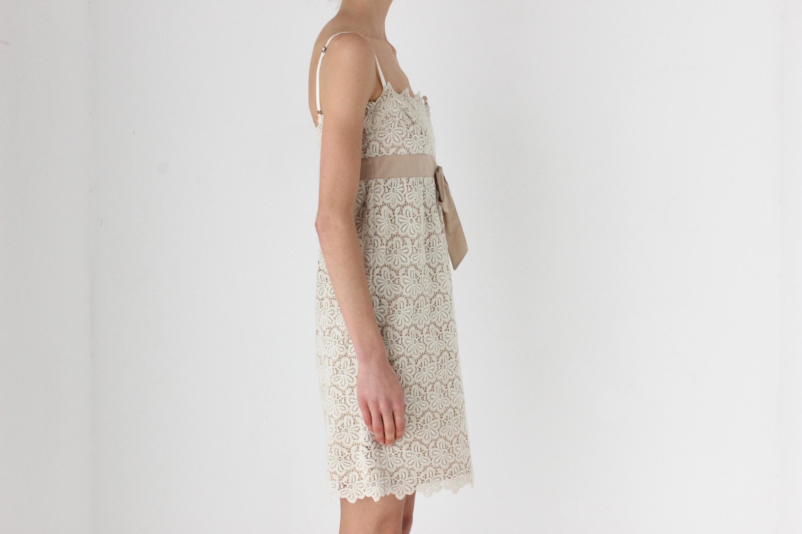 90s Valentino Neutral Cotton Lace Shift