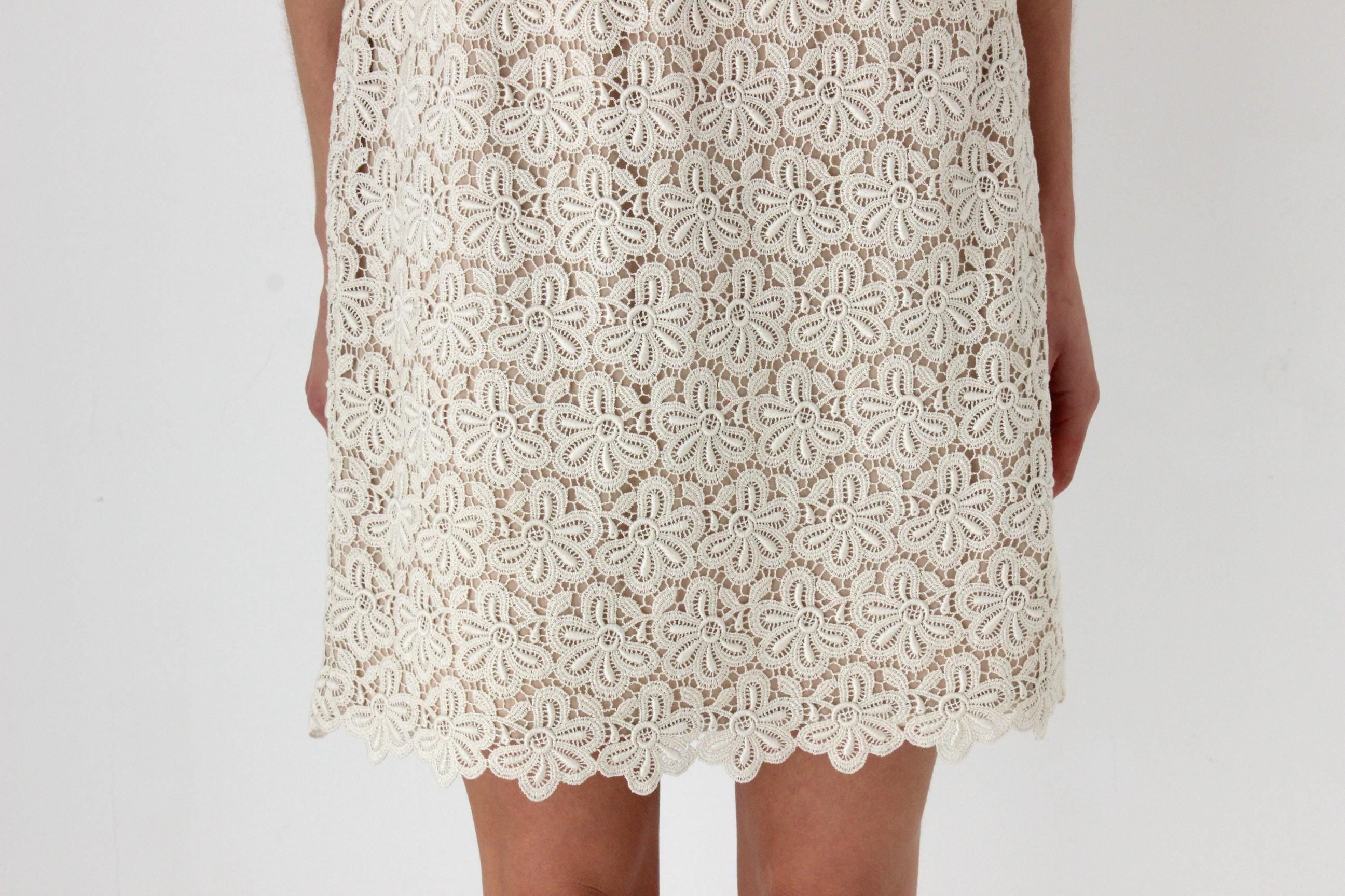 90s Valentino Neutral Cotton Lace Shift