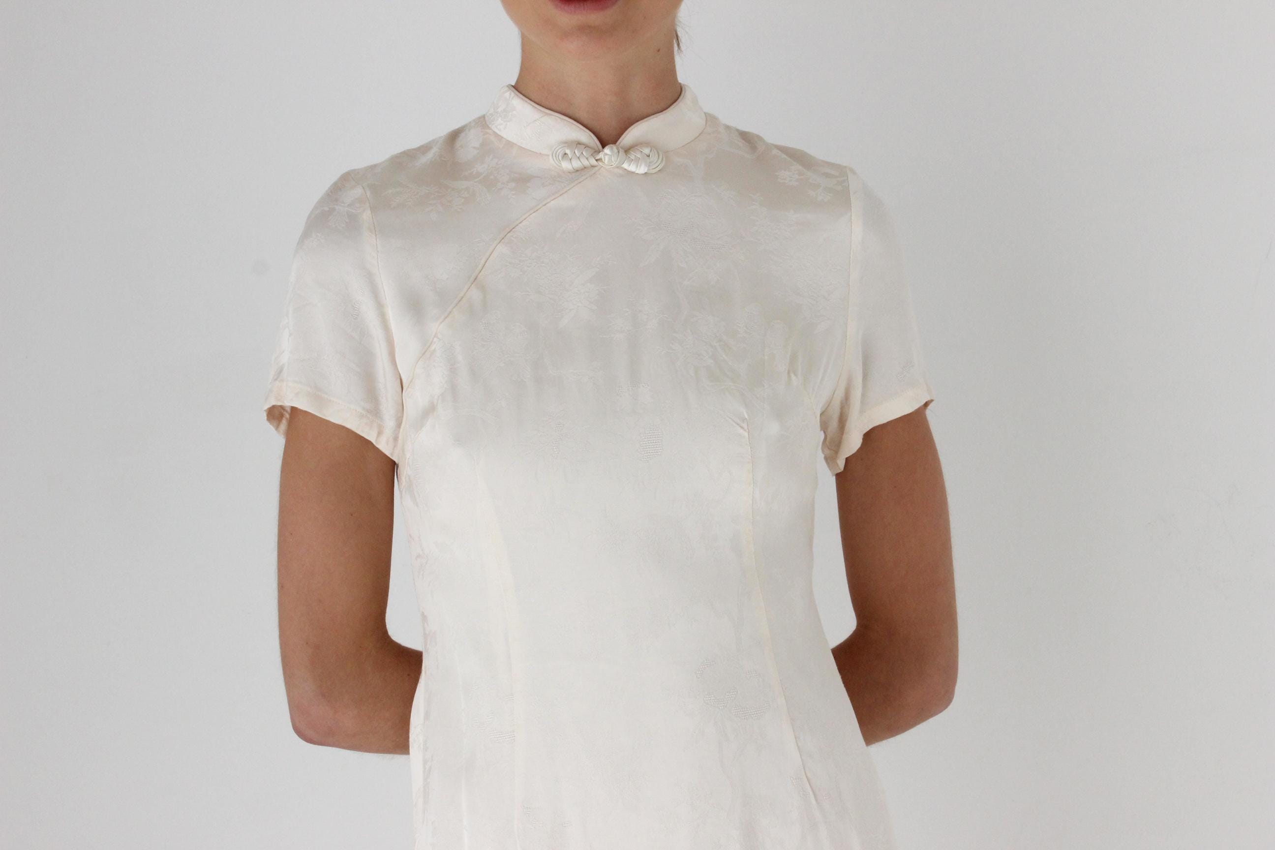 80s Mandarin Collar Embossed Satin Mini