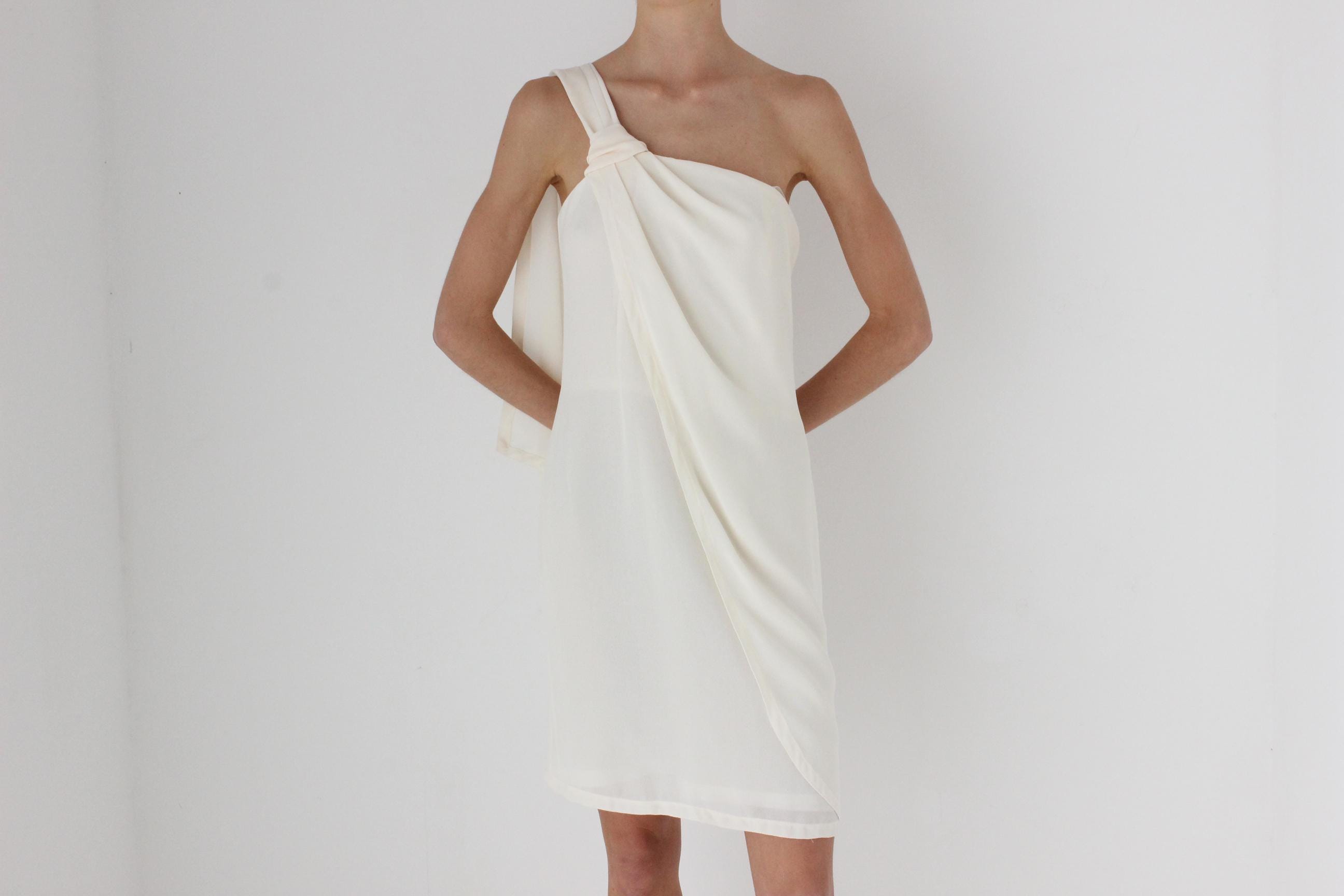 80s Cream Crepe Asymmetric One Shoulder Vintage Cocktail Dress w/ Draped Detail