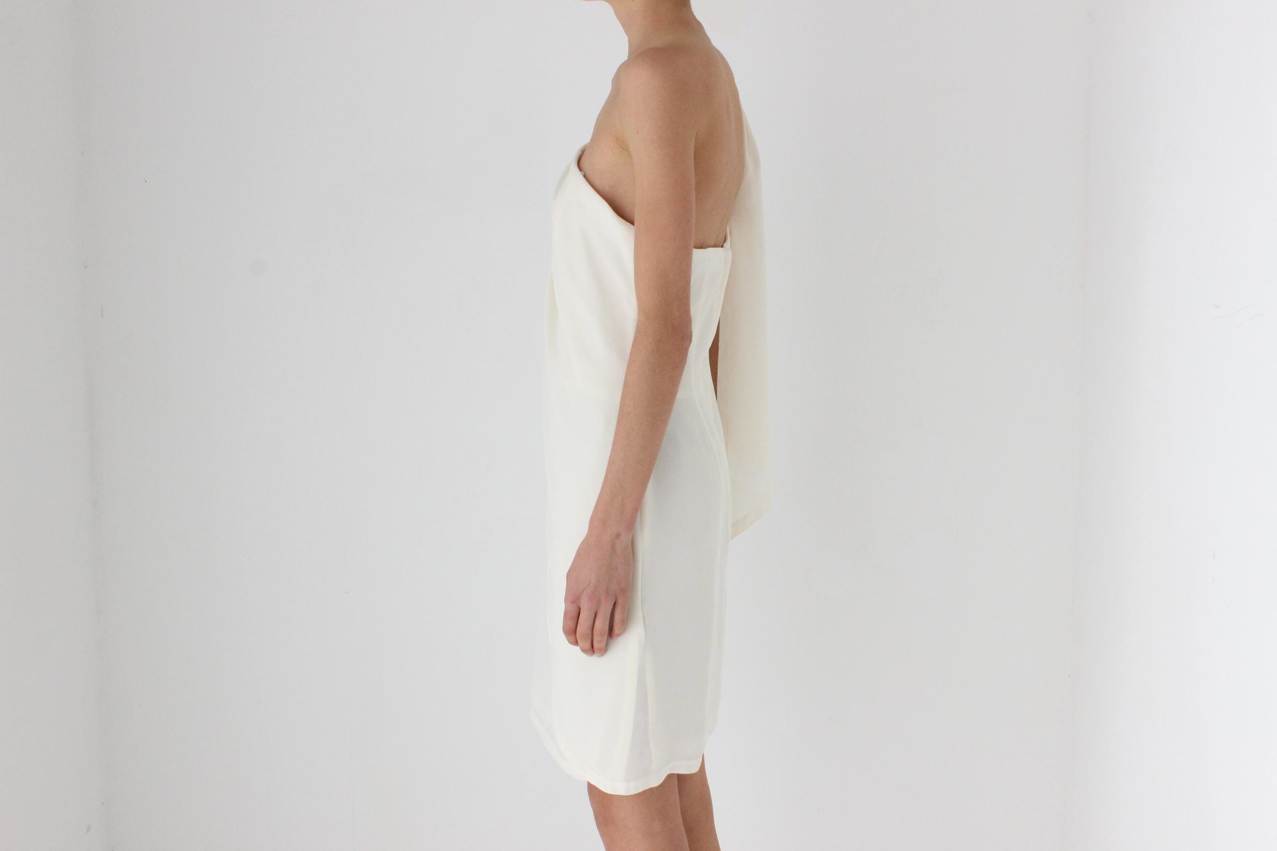 80s Cream Crepe Asymmetric One Shoulder Vintage Cocktail Dress w/ Draped Detail