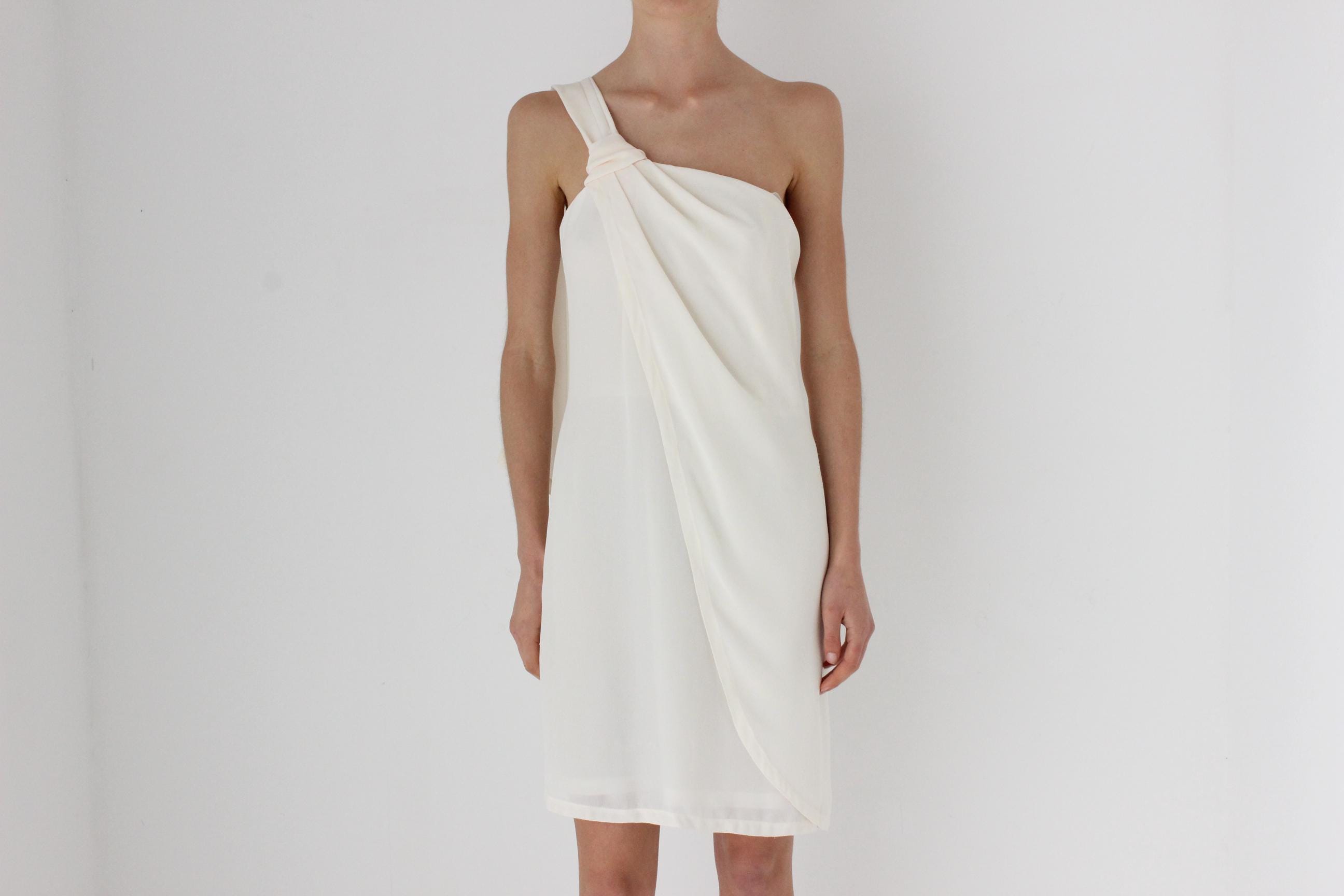 80s Cream Crepe Asymmetric One Shoulder Vintage Cocktail Dress w/ Draped Detail