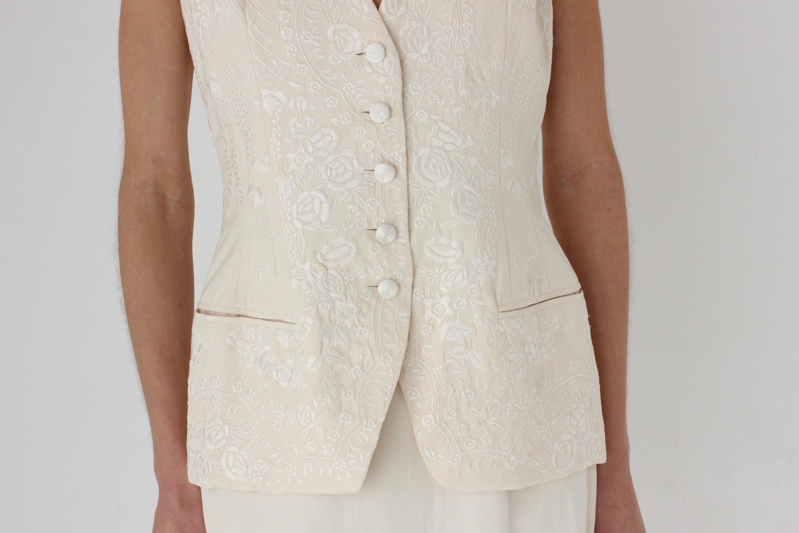 90s Donna Karan Embroidered Silk Two Piece Skirt Suit