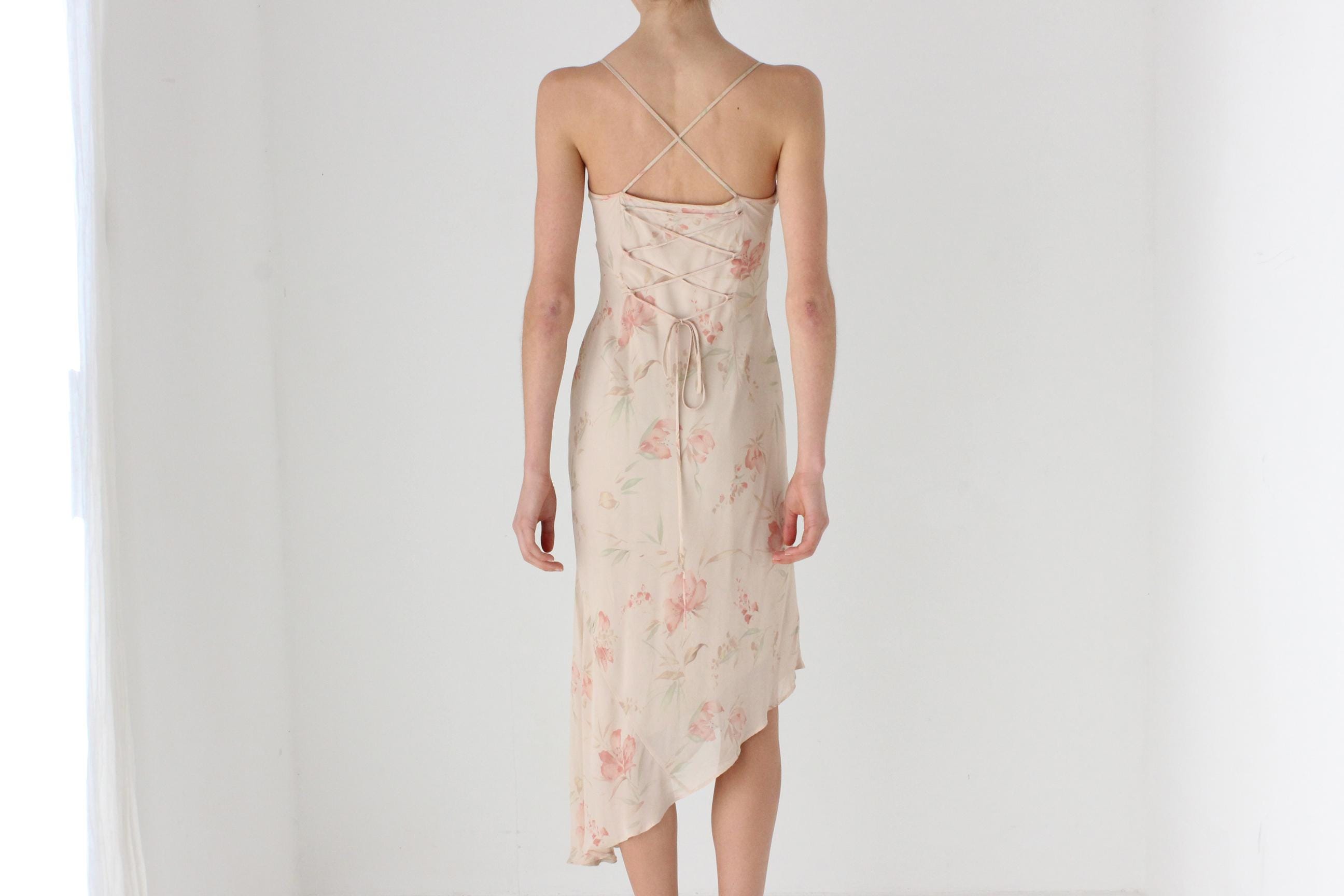 Y2K Floral Crepe Asymmetric Bias Cut Slip