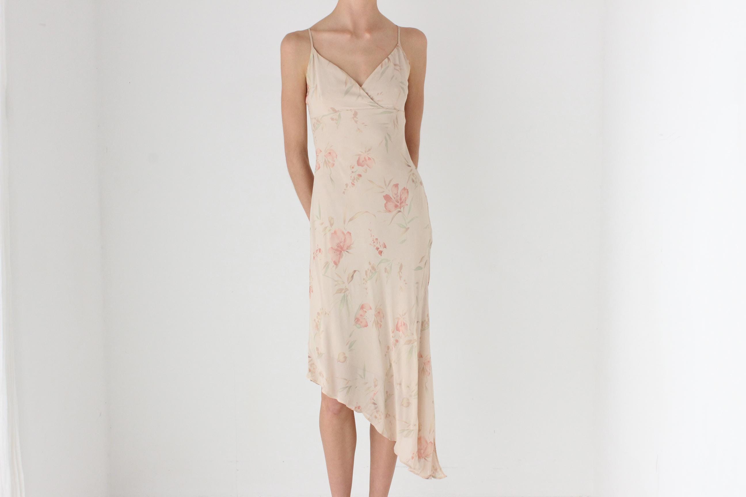 Y2K Floral Crepe Asymmetric Bias Cut Slip