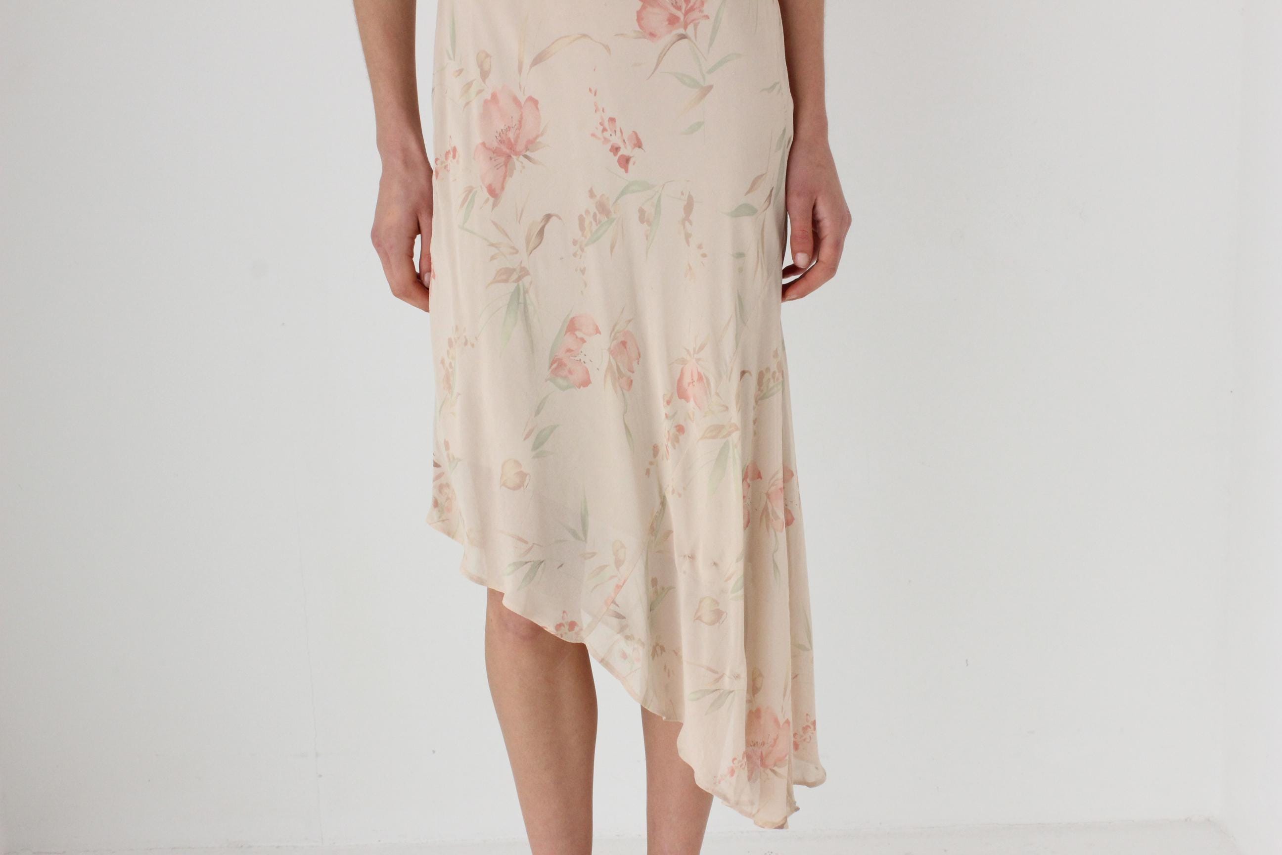 Y2K Floral Crepe Asymmetric Bias Cut Slip