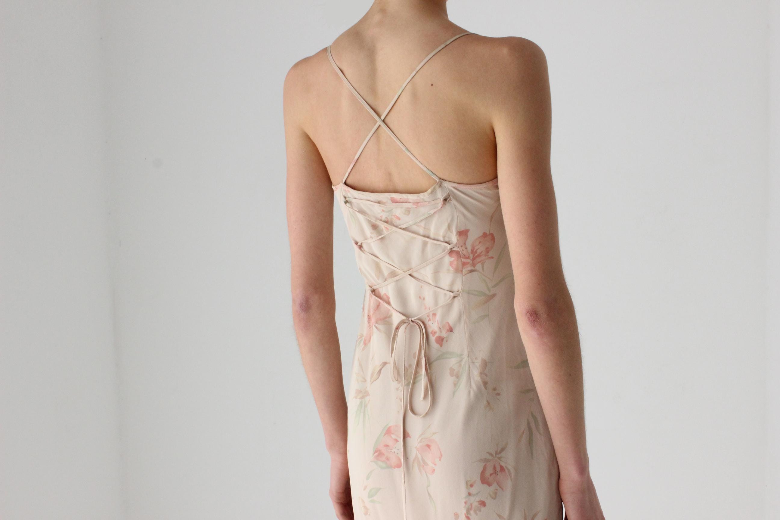 Y2K Floral Crepe Asymmetric Bias Cut Slip