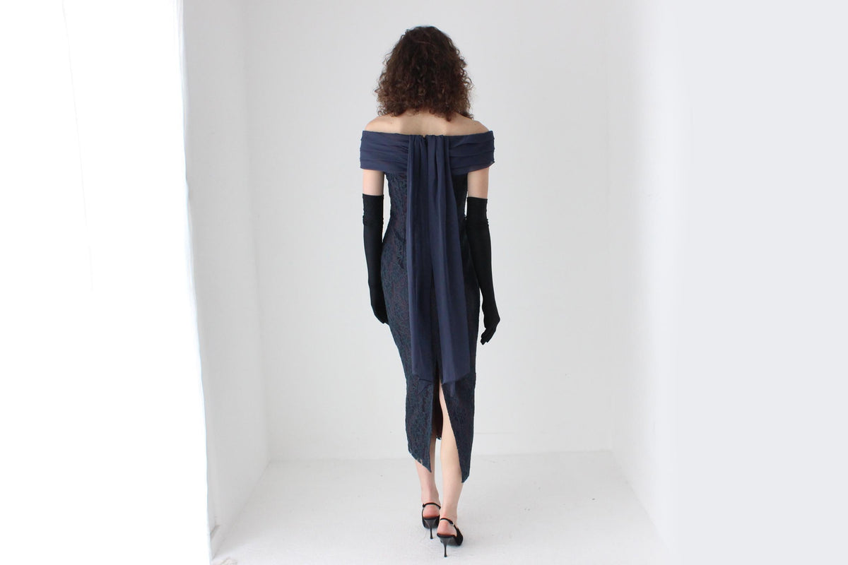 80s Lace Off Shoulder Hourglass Column Dress w/ Rosette