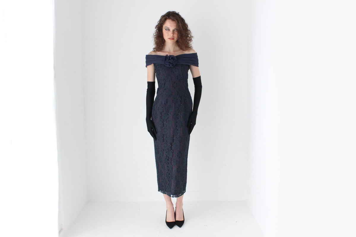 80s Lace Off Shoulder Hourglass Column Dress w/ Rosette