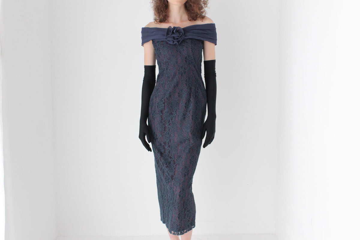 80s Lace Off Shoulder Hourglass Column Dress w/ Rosette