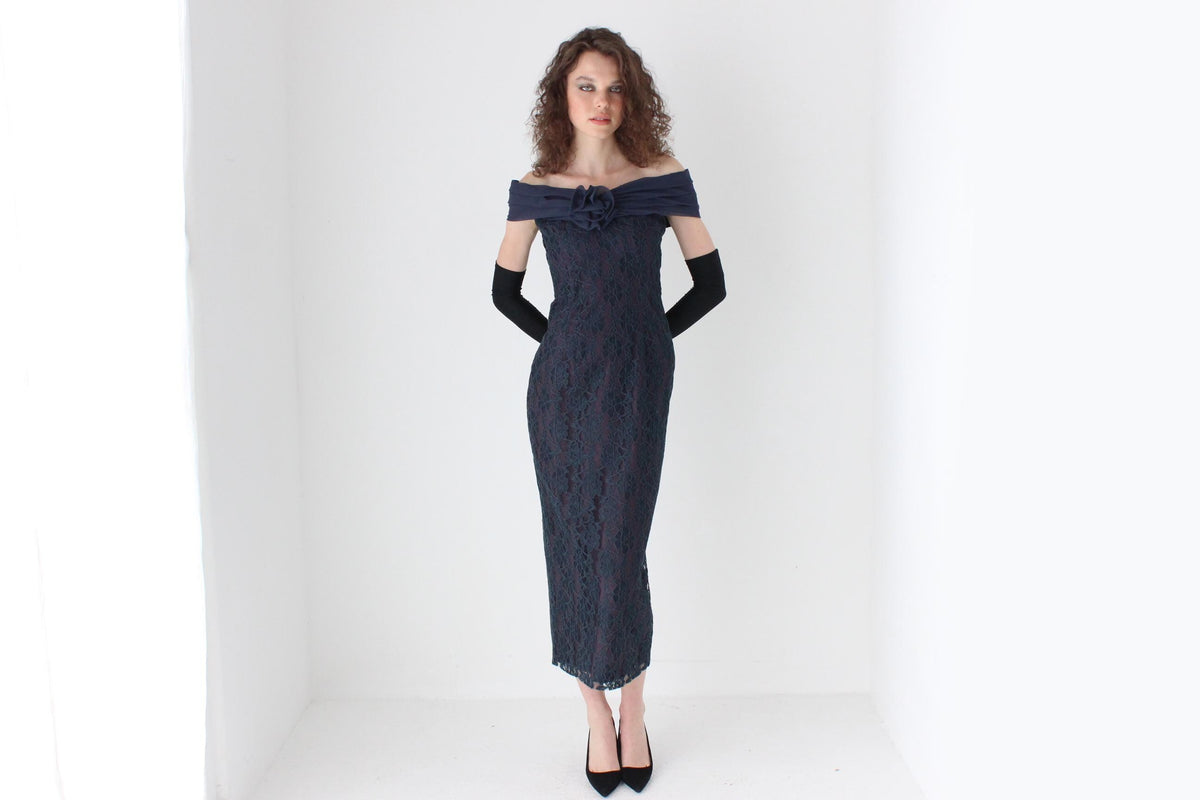 80s Lace Off Shoulder Hourglass Column Dress w/ Rosette