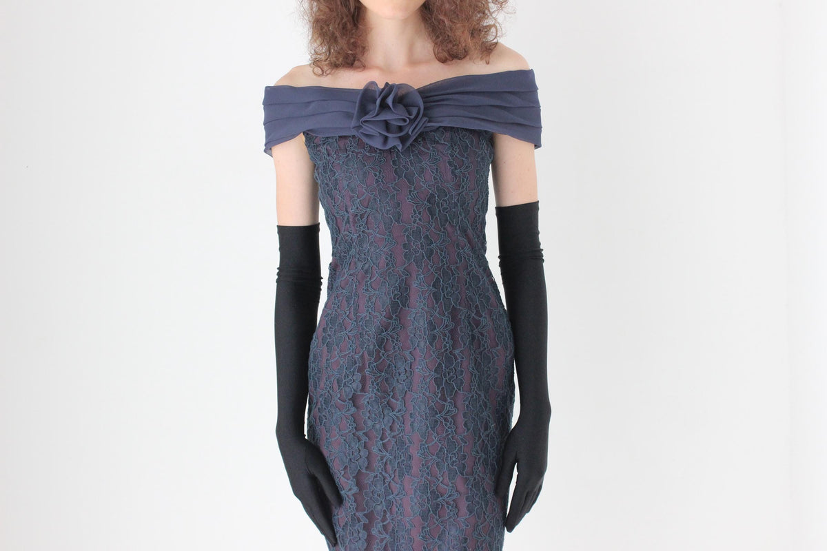 80s Lace Off Shoulder Hourglass Column Dress w/ Rosette
