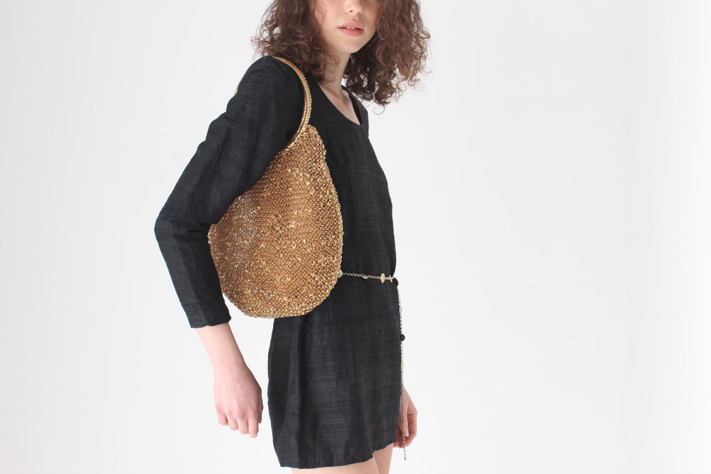 70s Woven Golden Ring Handle Bag