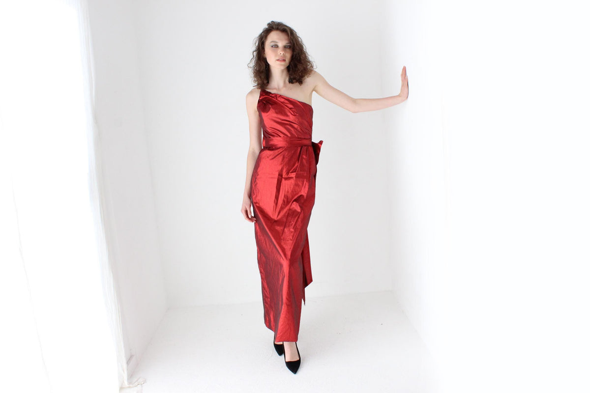 80s Old Hollywood Red Metallic Lamé One Shoulder Gown
