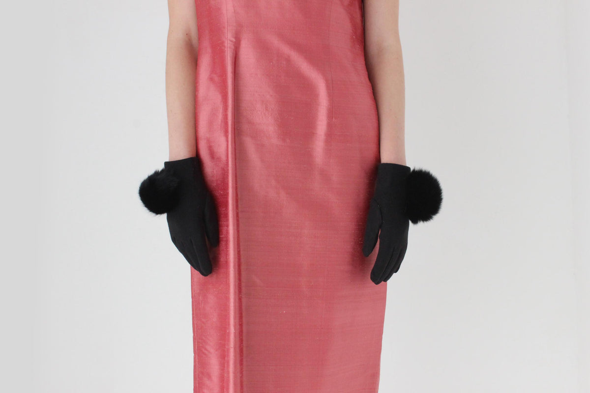 80s Felt & Rabbit Fur Pom Pom Gloves