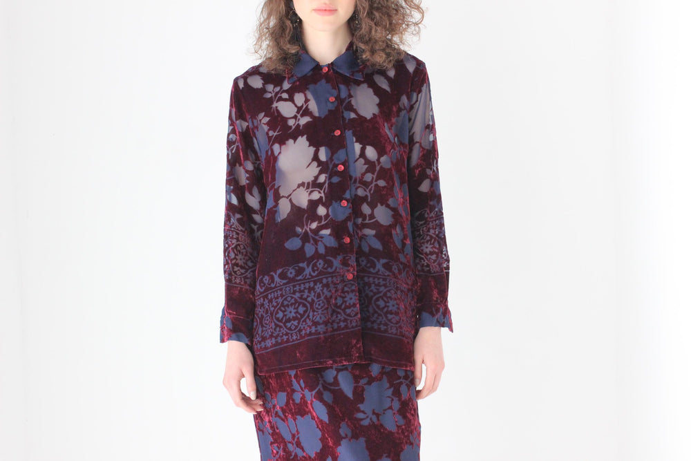 90s Velvet Burnout Shirt & Column Skirt Opera Set