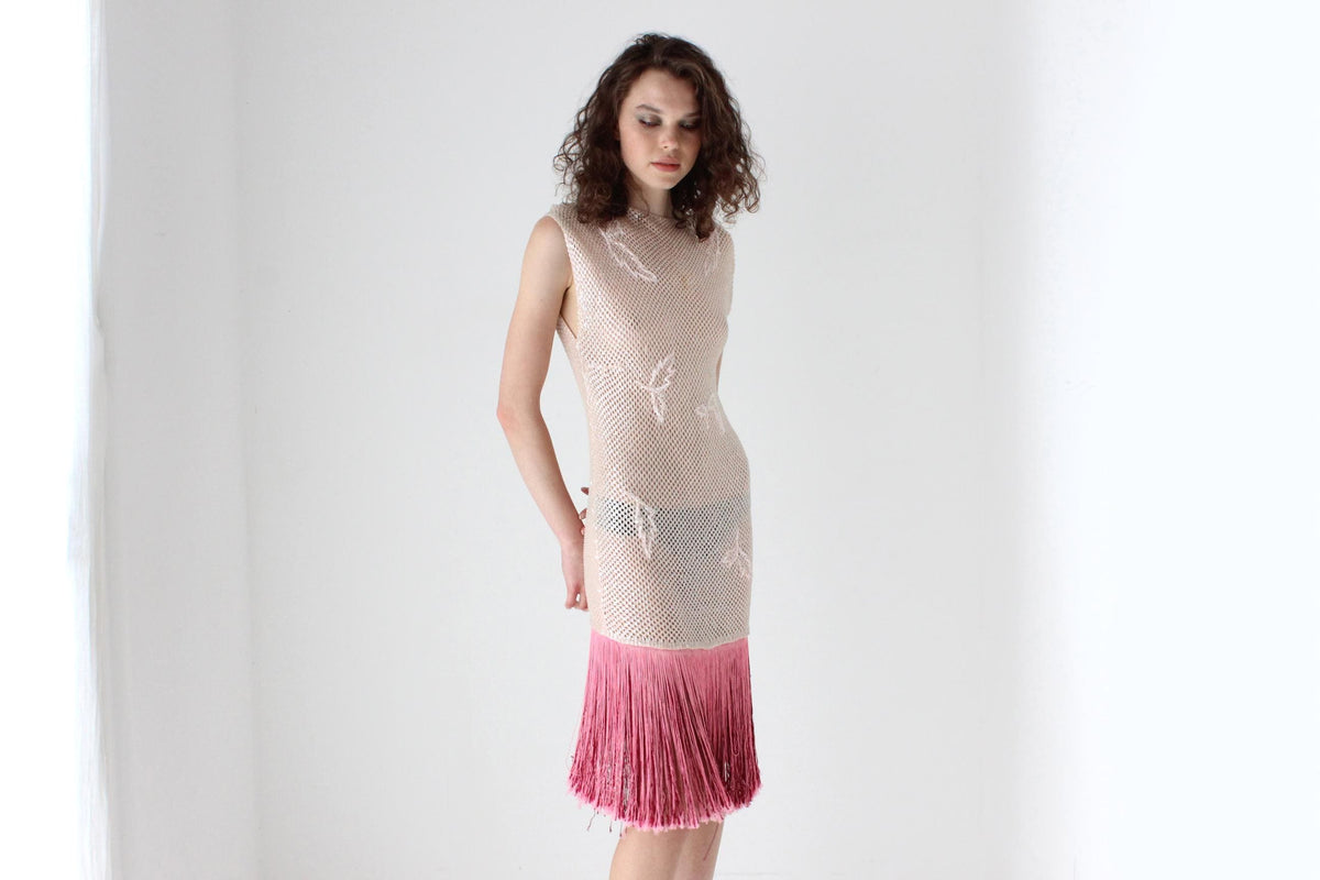 60s Hand Beaded Wool & Fringe Opera Dress