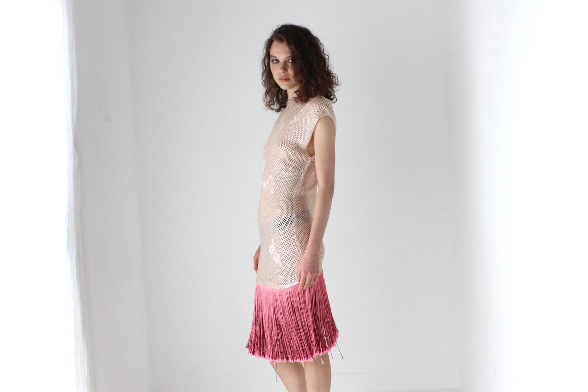 60s Hand Beaded Wool & Fringe Opera Dress