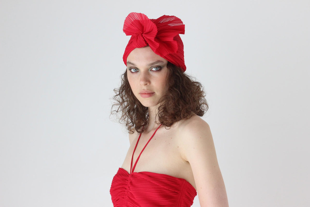 Spectacular 80s Prue Acton Ruched Red Plisse Cocktail Gown w/ MATCHING HEADPIECE