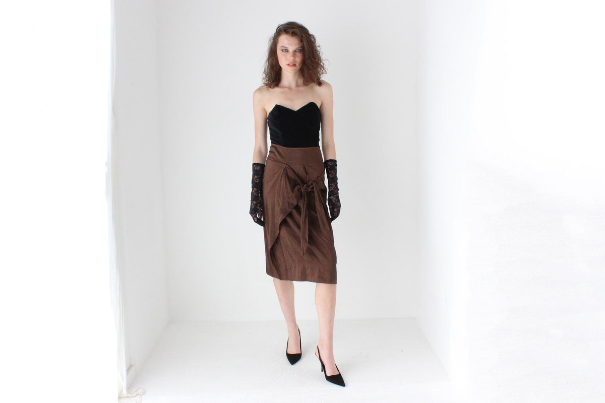 Y2K Italian Vintage Chocolate Metallic Sash Tie Skirt