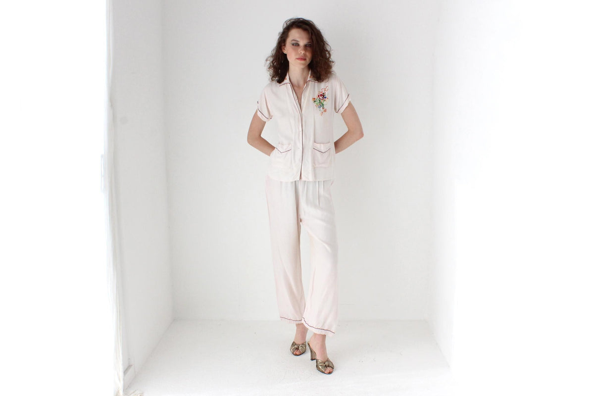 Rare 60s Pastel Rayon Pyjama Set w/ Embroidery