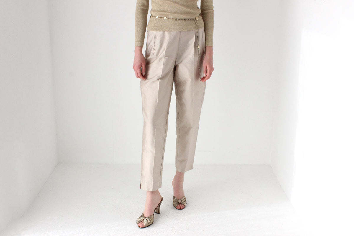 80s Raw Silk Iridescent Neutral Tapered Trousers