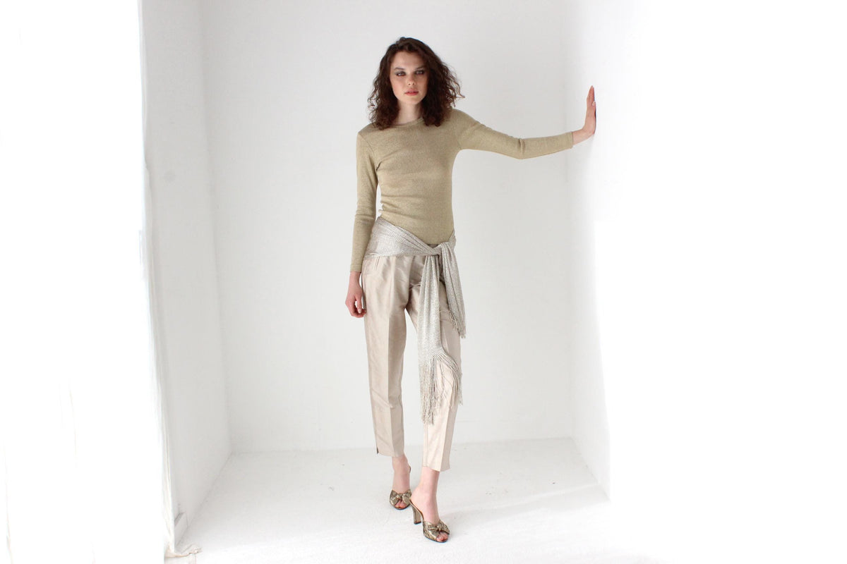 80s Raw Silk Iridescent Neutral Tapered Trousers