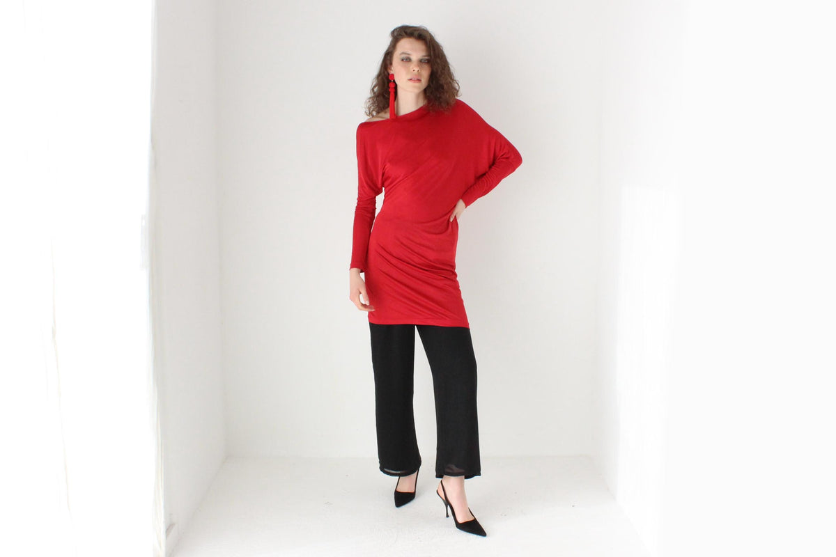 80s Slinky Jersey Asymmetric Batwing Top or Mini