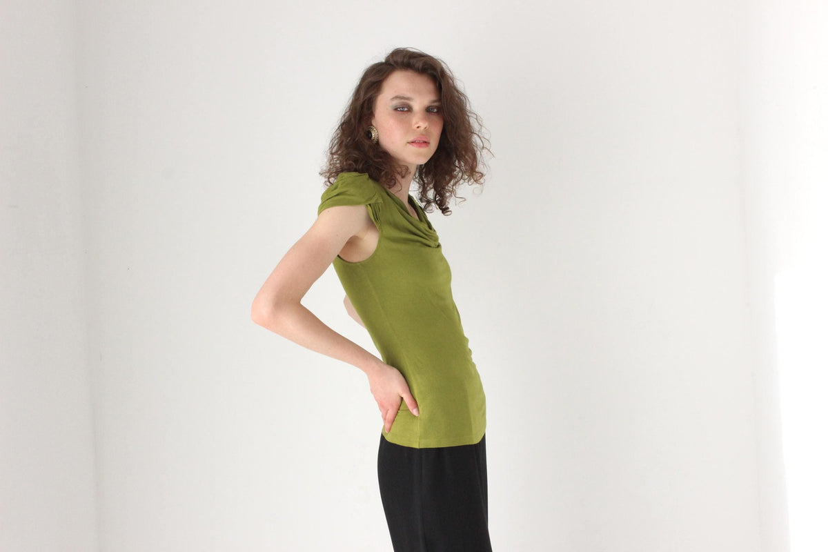 Y2K Cue Olive Green Stretch Jersey Draped Top