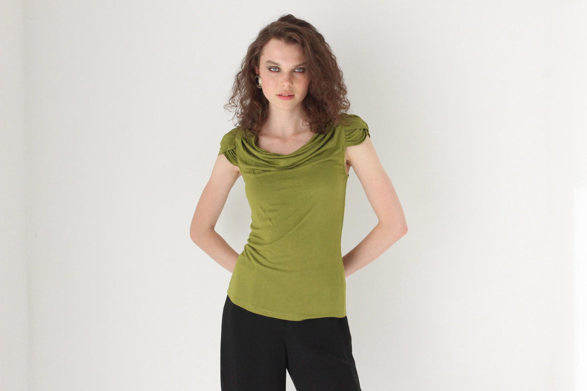 Y2K Cue Olive Green Stretch Jersey Draped Top