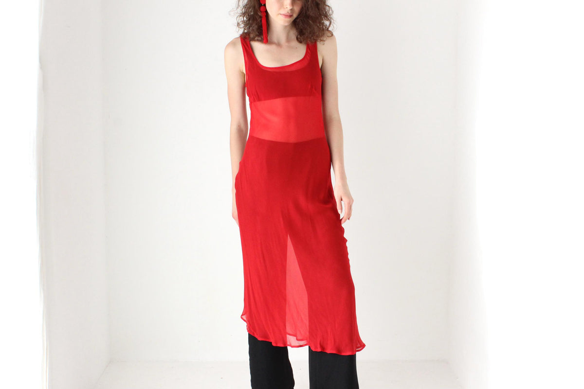 90s Sheer Red Silk Bias Cut Reversible Dress