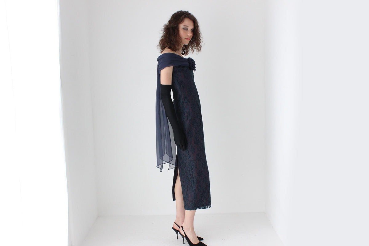 80s Lace Off Shoulder Hourglass Column Dress w/ Rosette